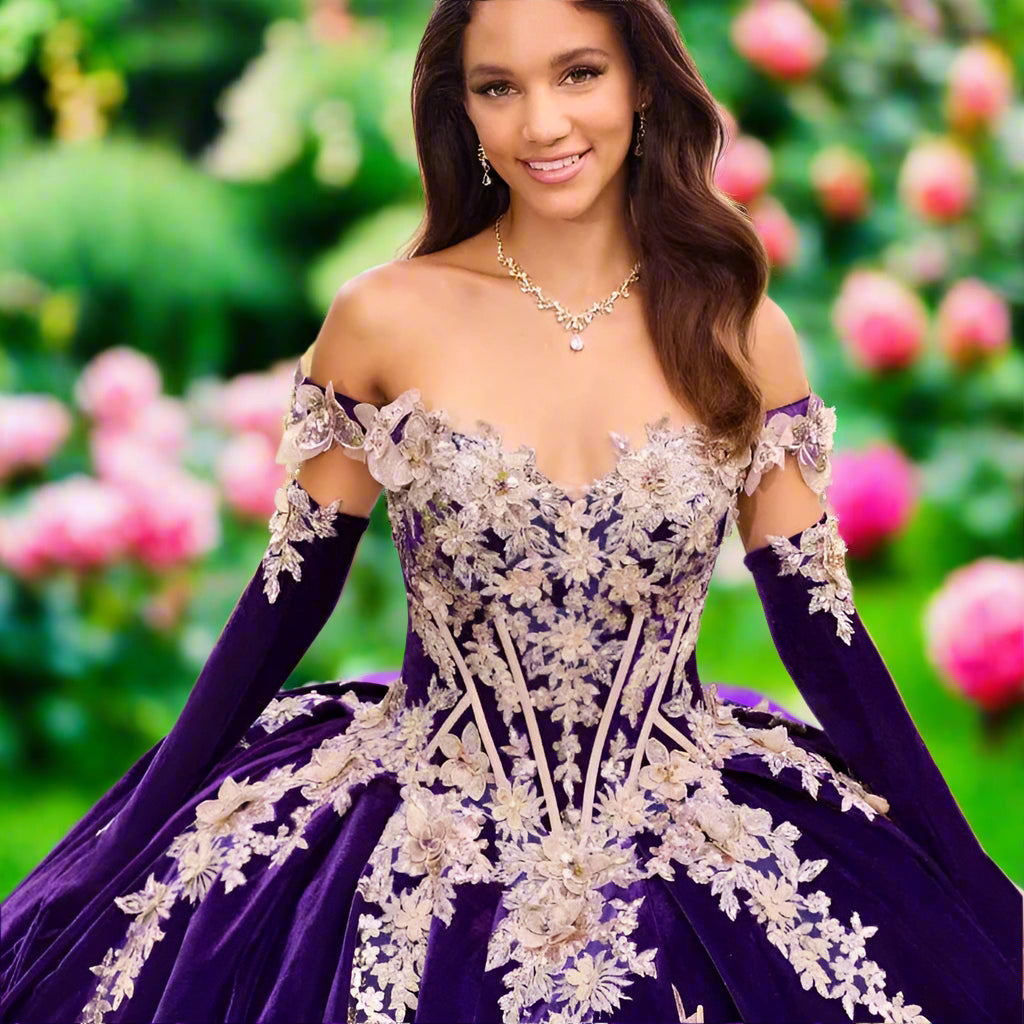 Purple Off The Shoulder Velvet Quinceanera Gown