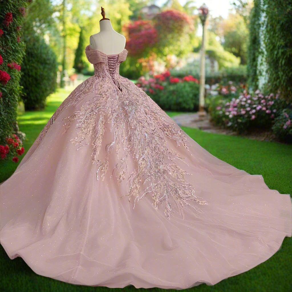 Pink Off The Shoulder Sequin Beaded Quinceanera Gown