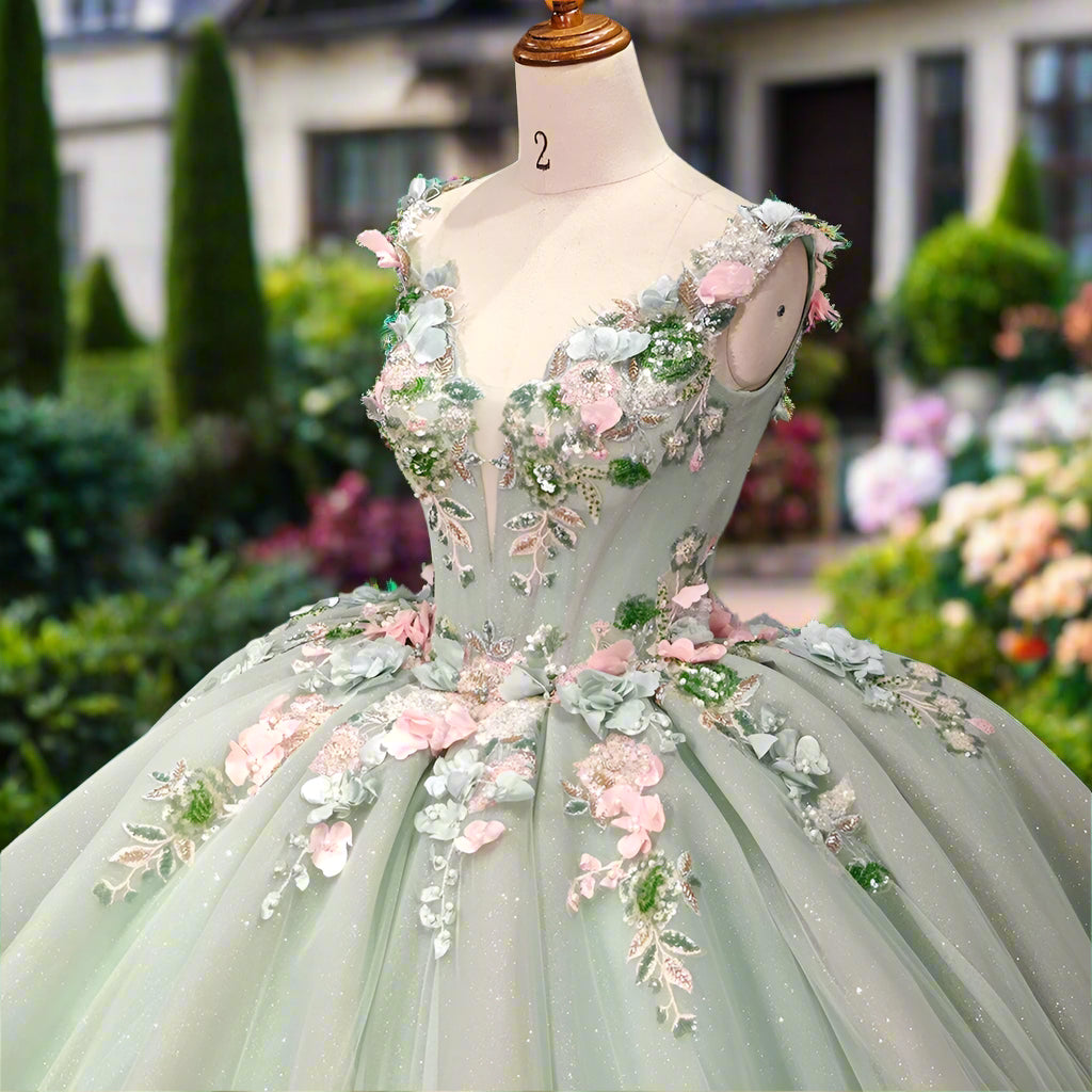 Green Sparkly Quinceanera Dress with 3D Flowers
