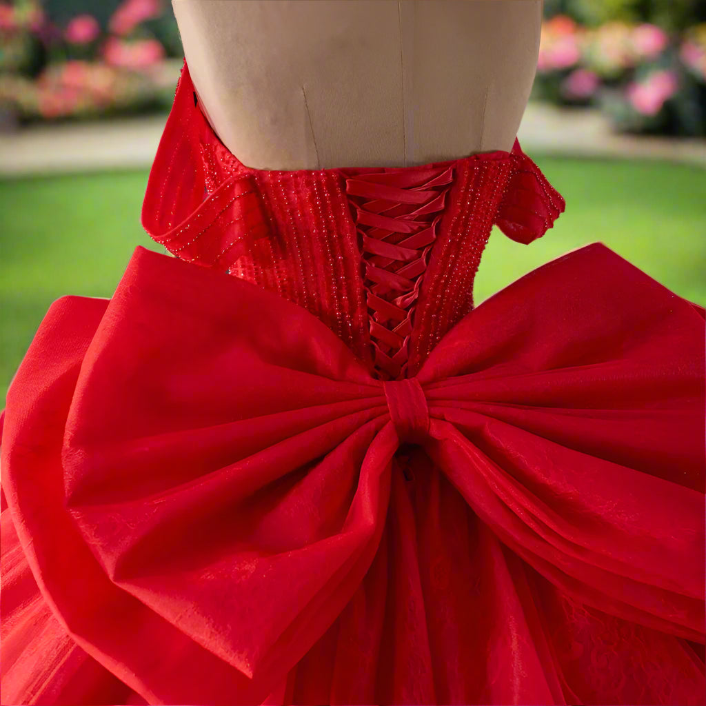 Red Crystal Beaded Off The Shoulder Quinceanera Gown
