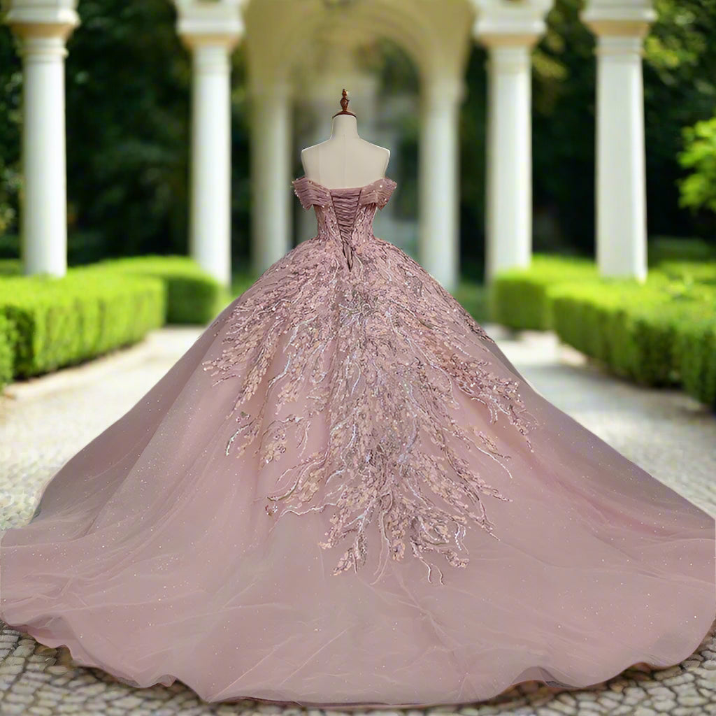 Pink Off The Shoulder Sequin Beaded Quinceanera Gown
