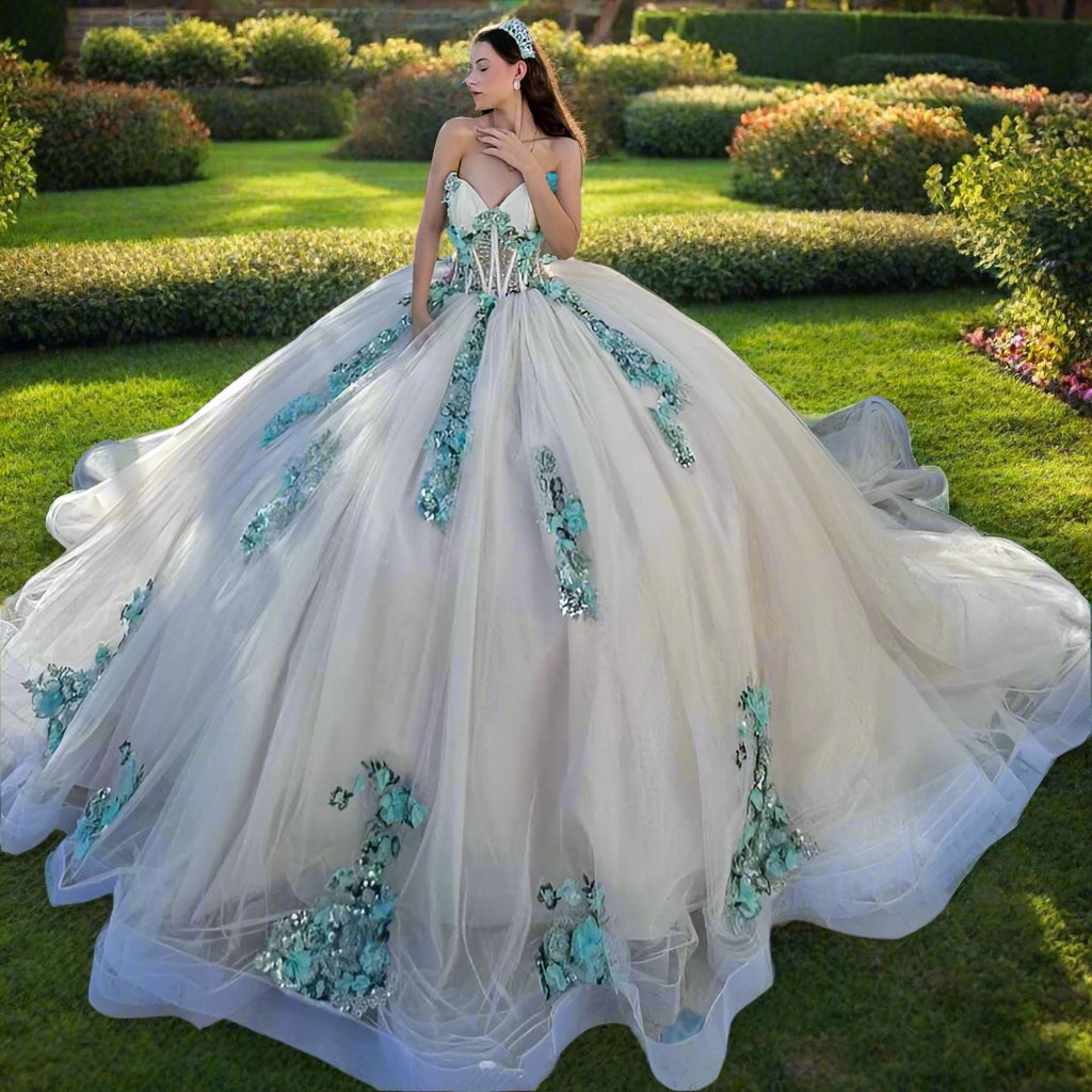 Strapless Quinceanera Gown with Removable Sleeves and 3D Flowers