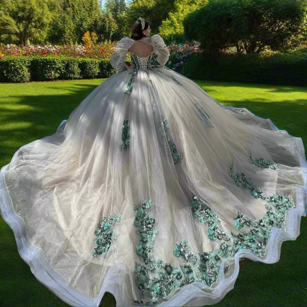 Strapless Quinceanera Gown with Removable Sleeves and 3D Flowers