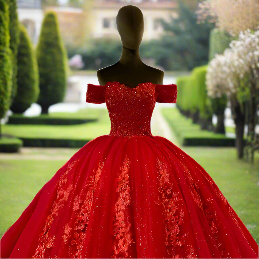 Off The Shoulder Lace Red Quinceanera Ball Gown