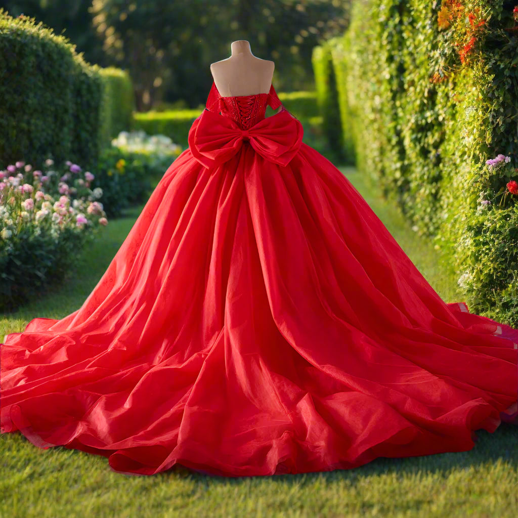 Red Crystal Beaded Off The Shoulder Quinceanera Gown