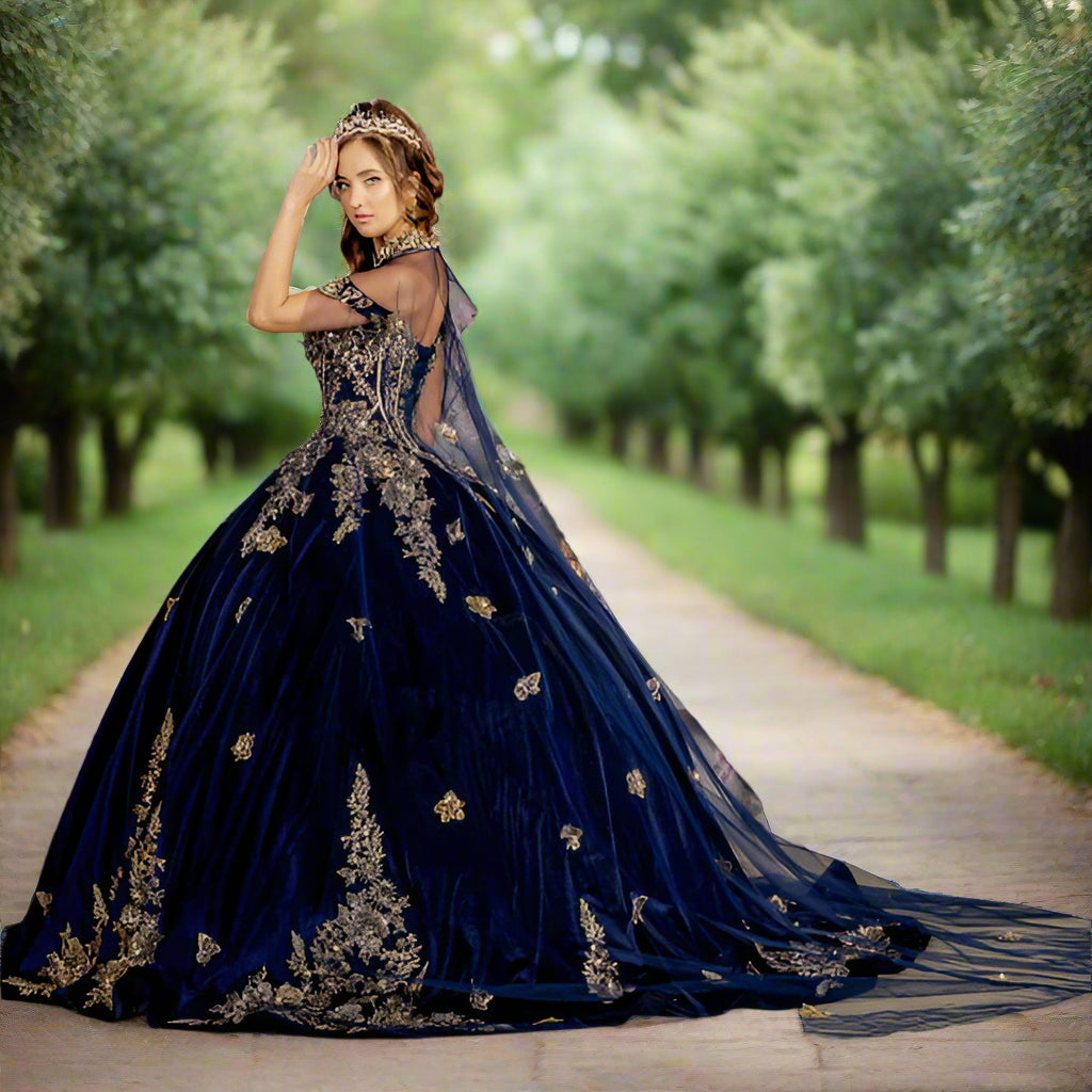 Navy Blue Quinceanera Dress With Cape