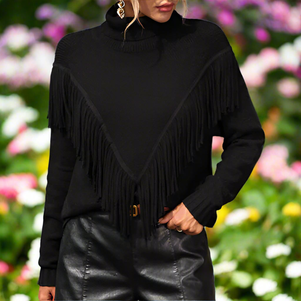 Fringed Knit Turtleneck Sweater