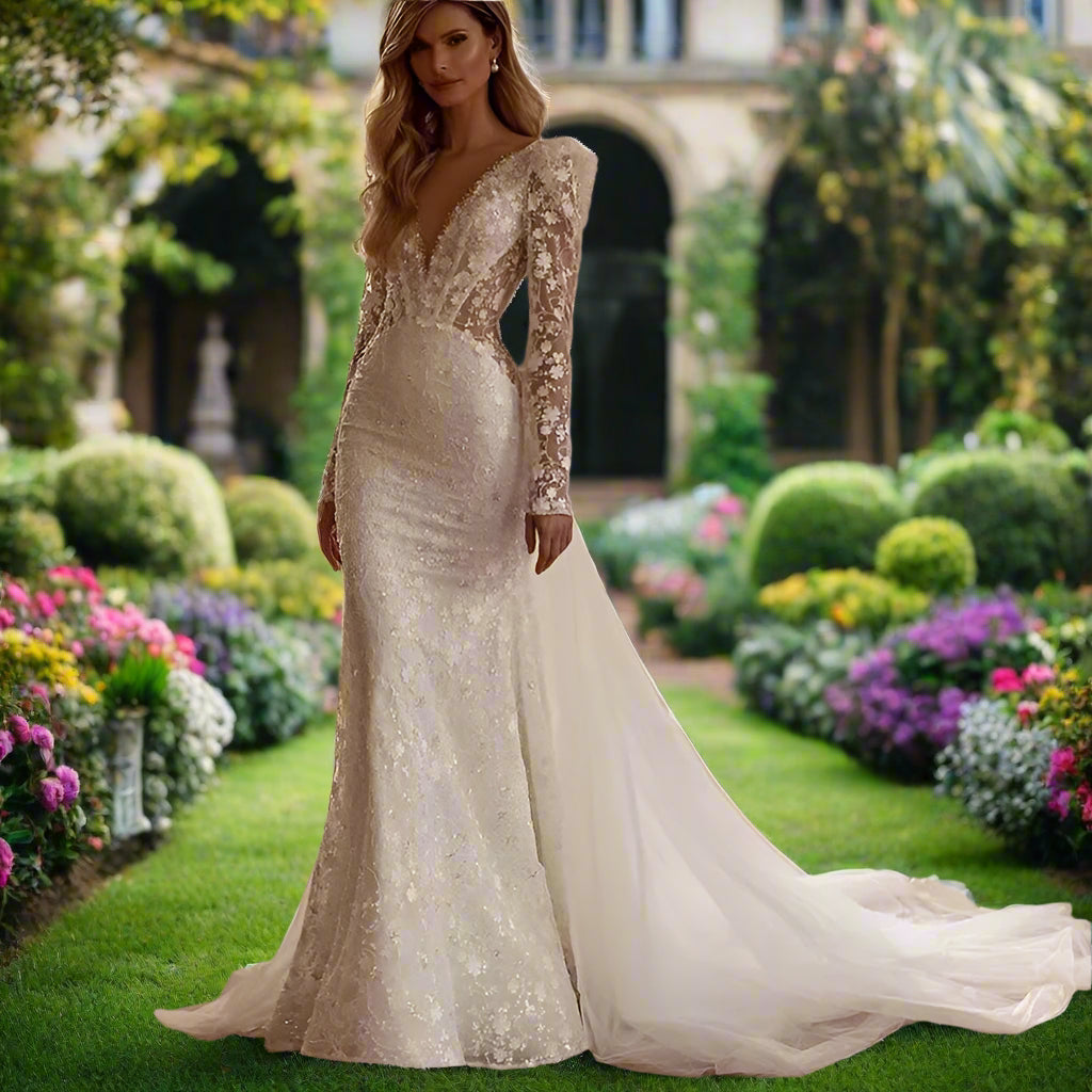 Detachable 2 In 1 Lace Beaded Mermaid Gown