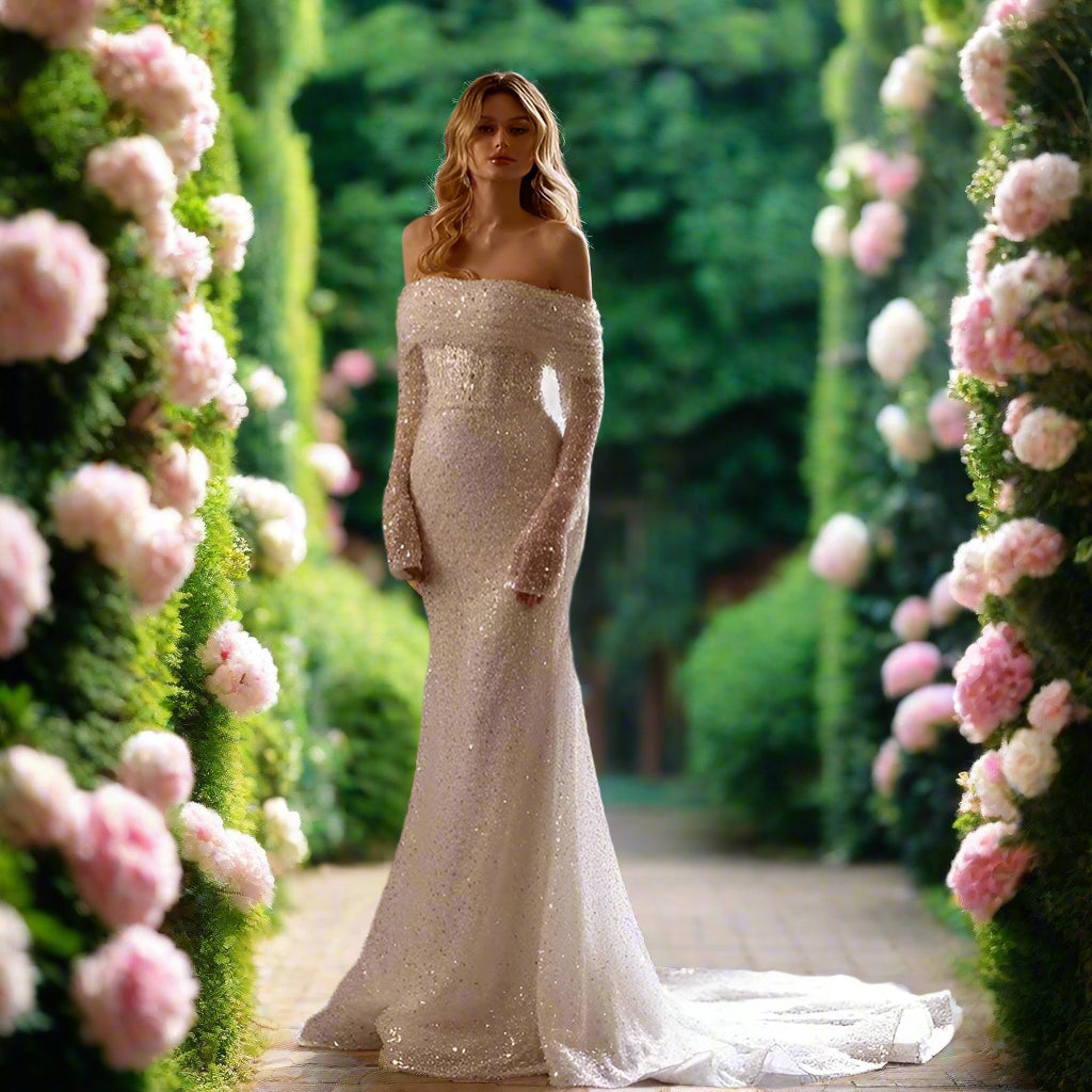 Glitter Long Sleeve Off The Shoulder Mermaid Wedding Dress