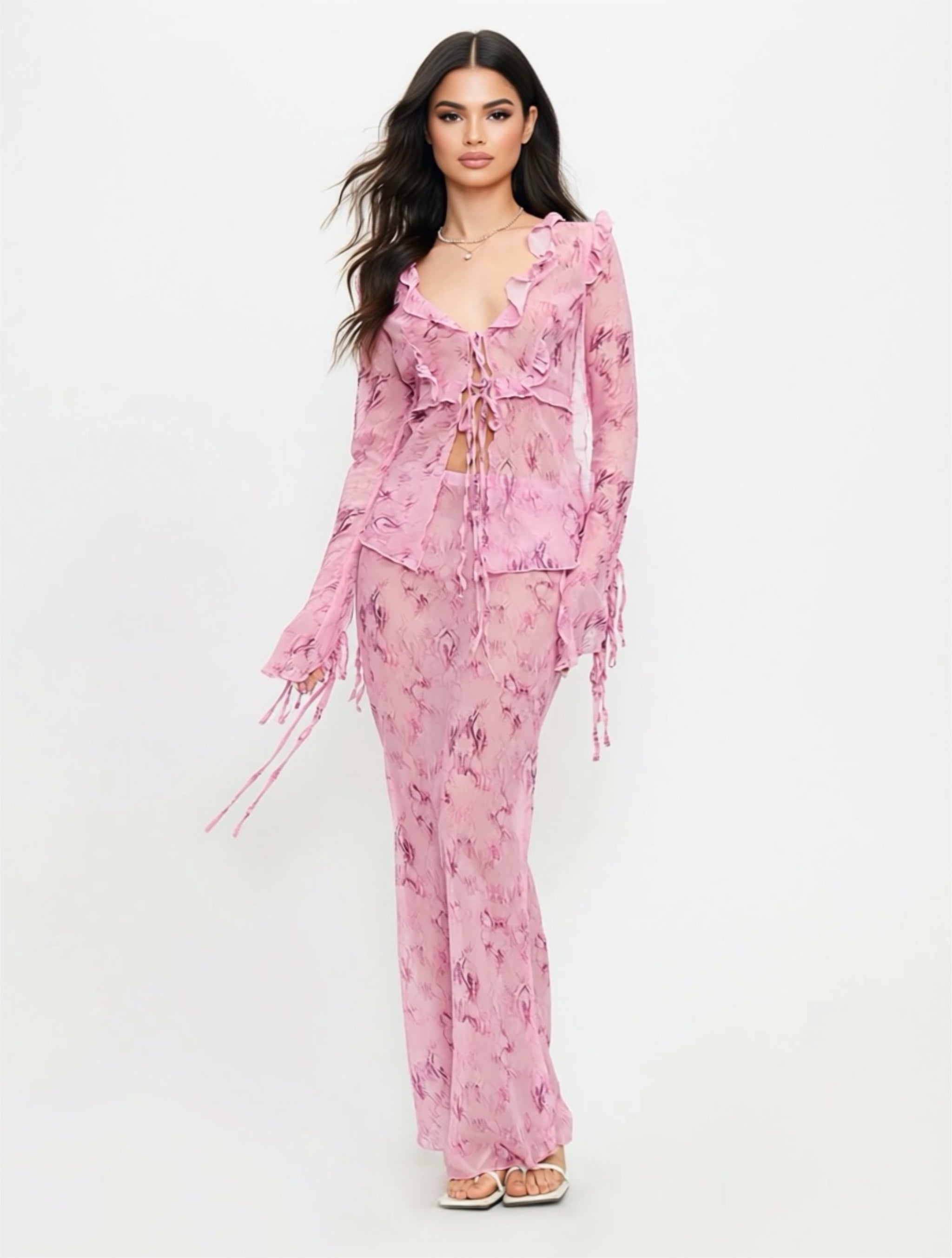 Pink Sheer Ruffle Tie‑Front Top & Maxi Skirt Set