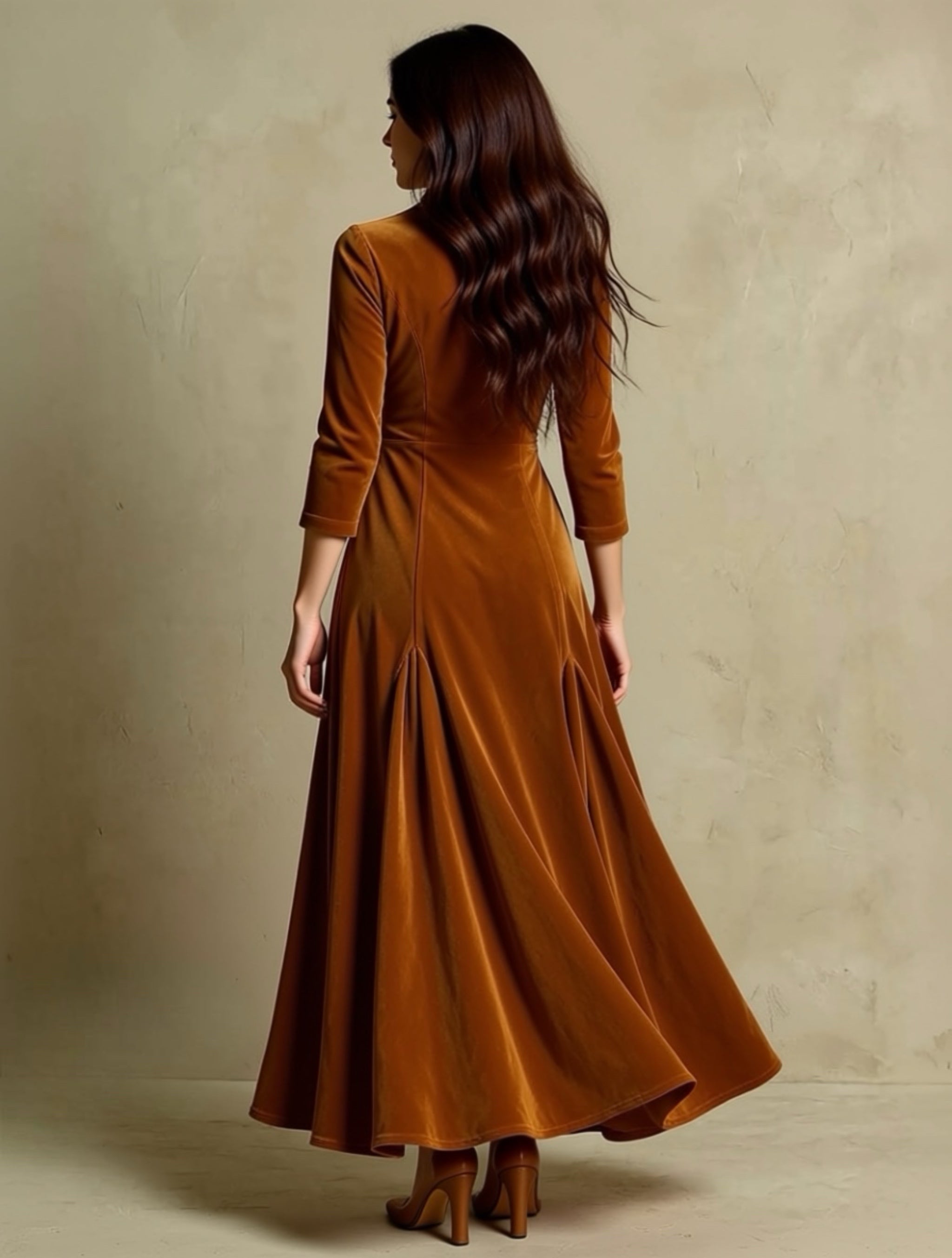 Vintage Buttoned Velvet Maxi Dress with Lapel Neckline