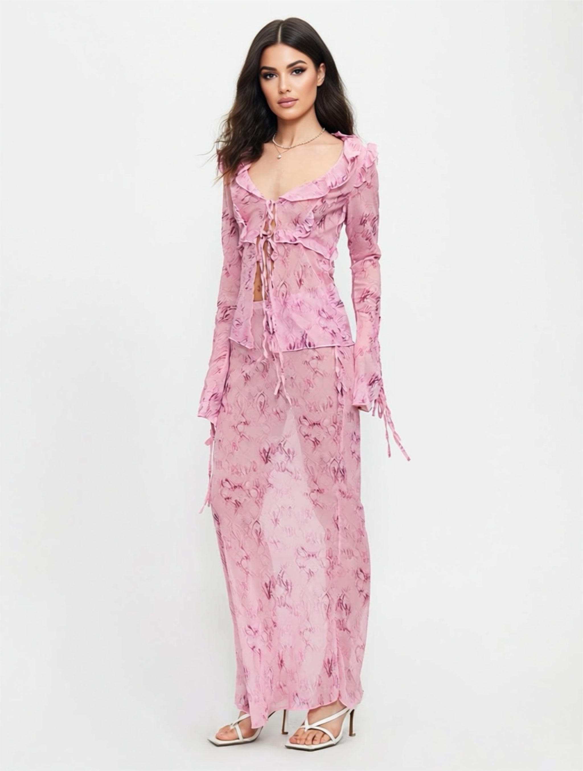 Pink Sheer Ruffle Tie‑Front Top & Maxi Skirt Set