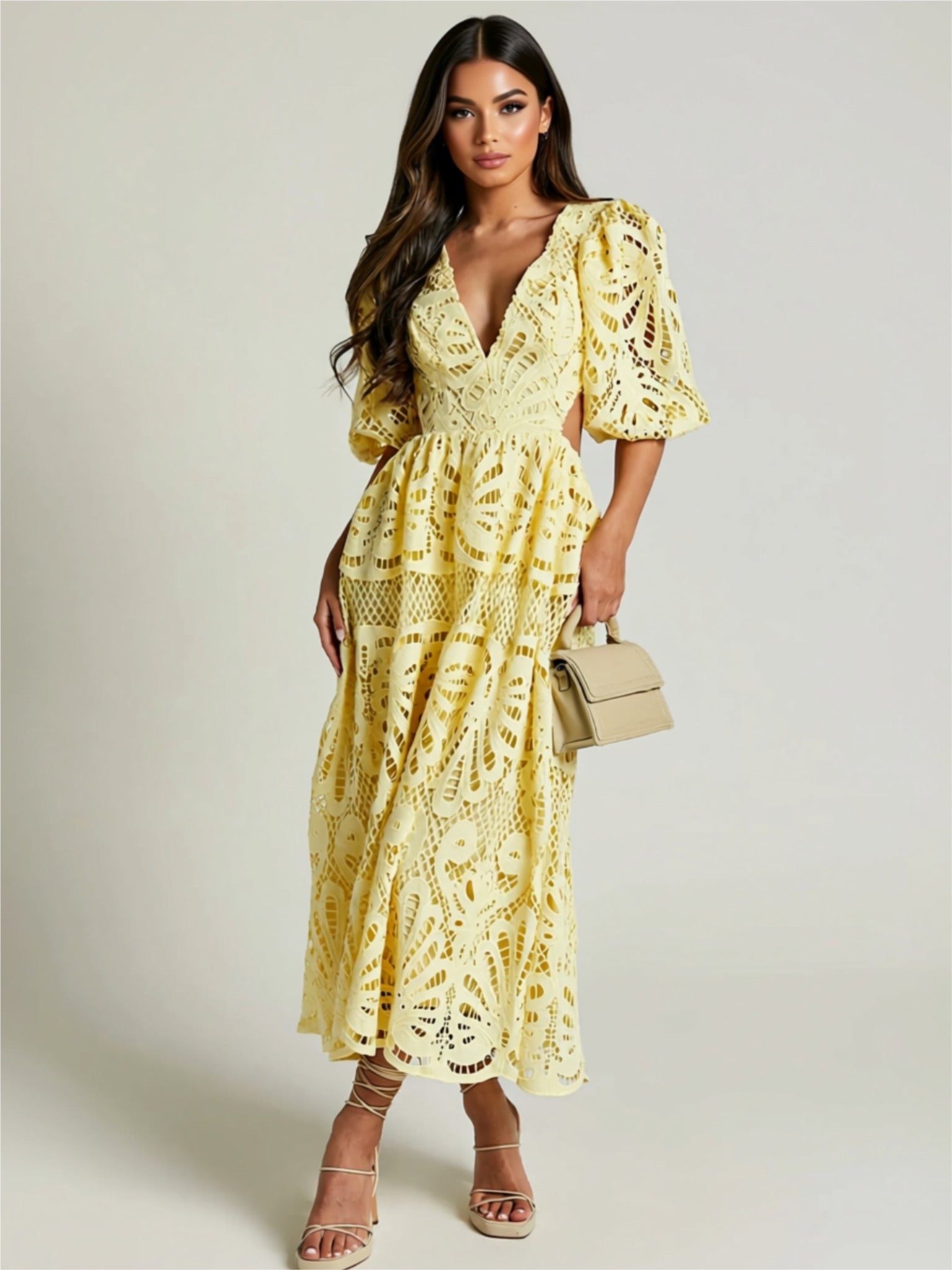Lace Cutout Puff Sleeve Midi Dress