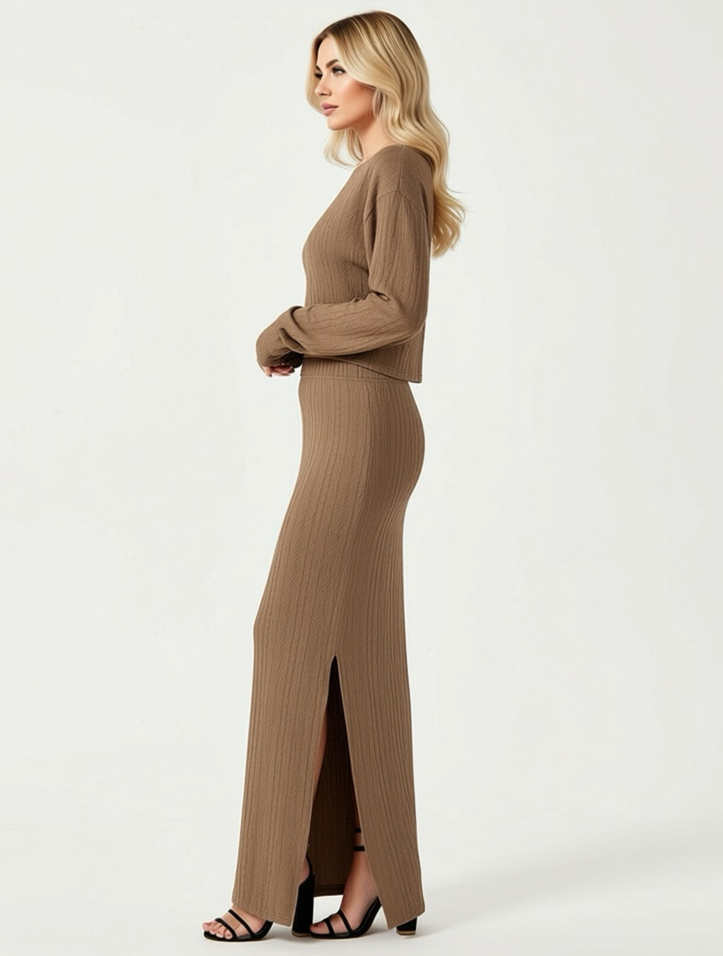 Long Sleeve Ribbed Two‑Piece Maxi Skirt Set