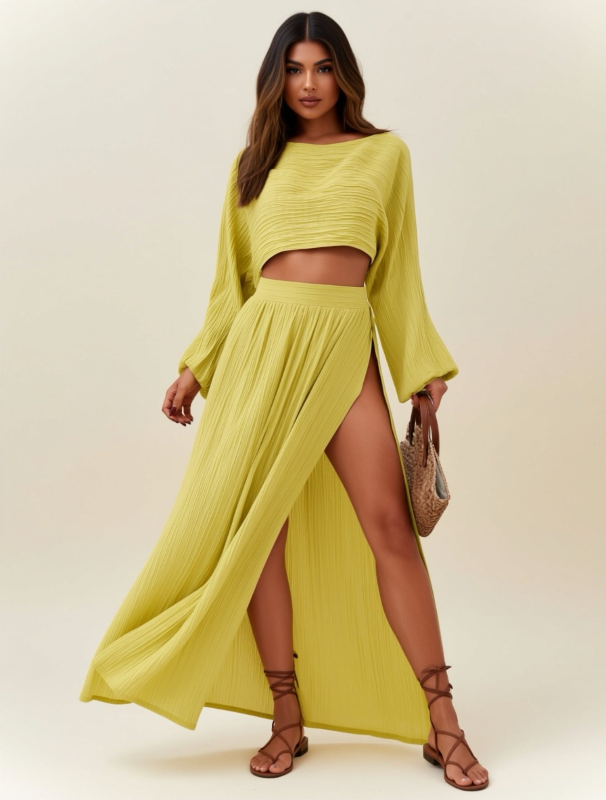 Cotton‑Linen Two‑Piece Double Slit Skirt Set