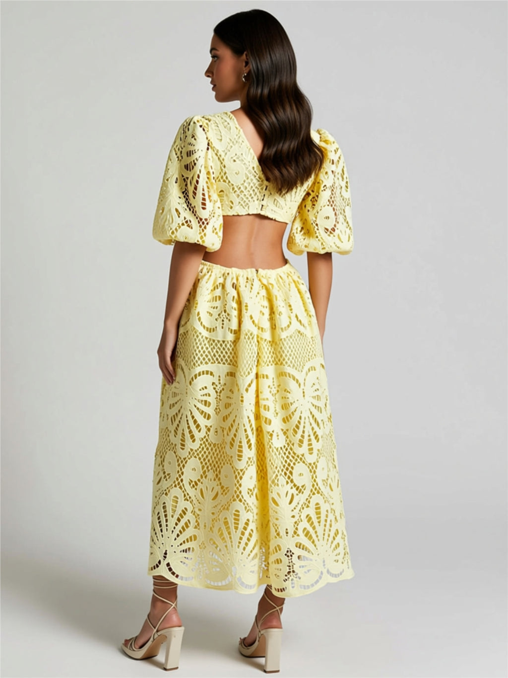 Lace Cutout Puff Sleeve Midi Dress