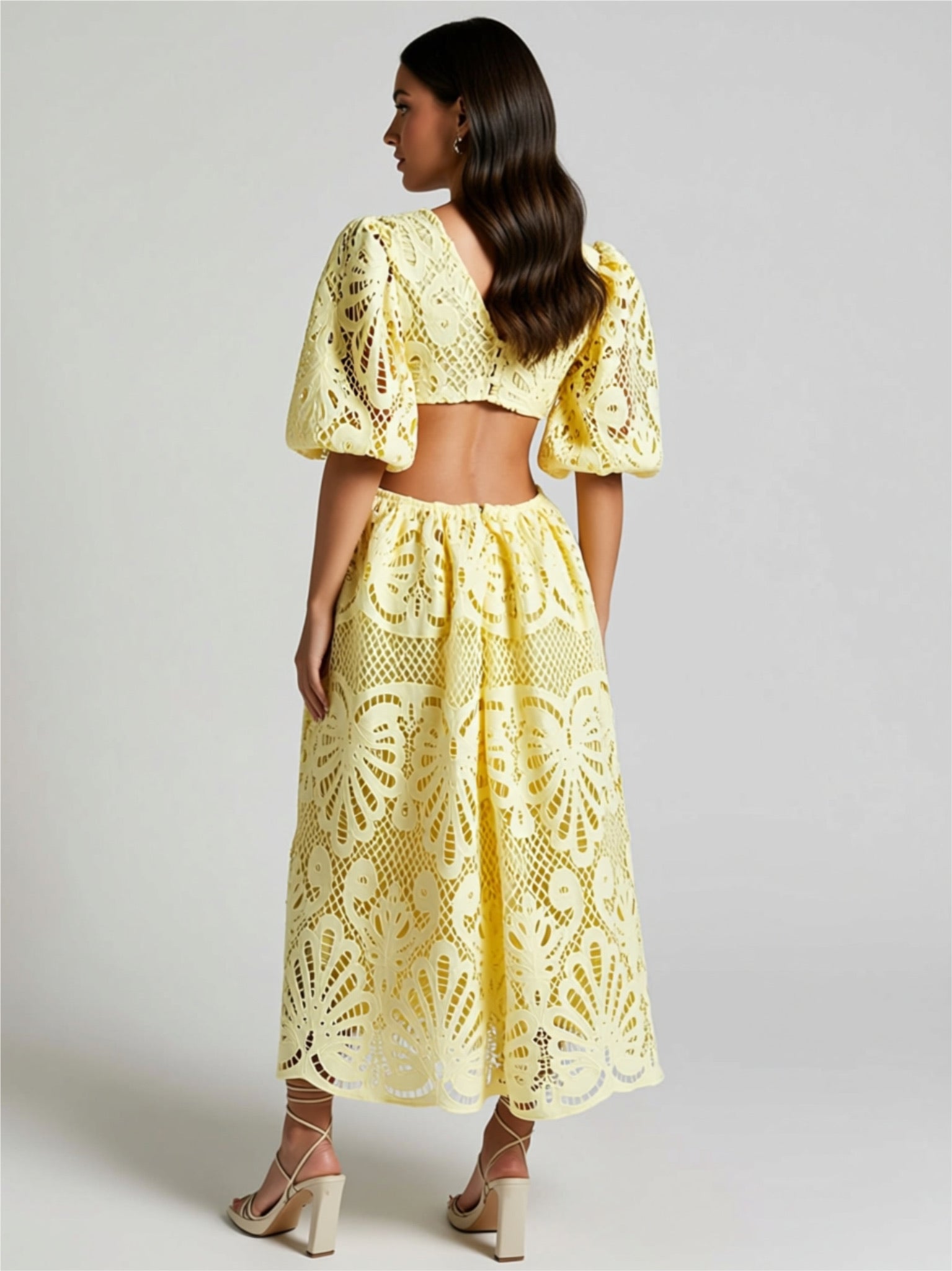 Lace Cutout Puff Sleeve Midi Dress