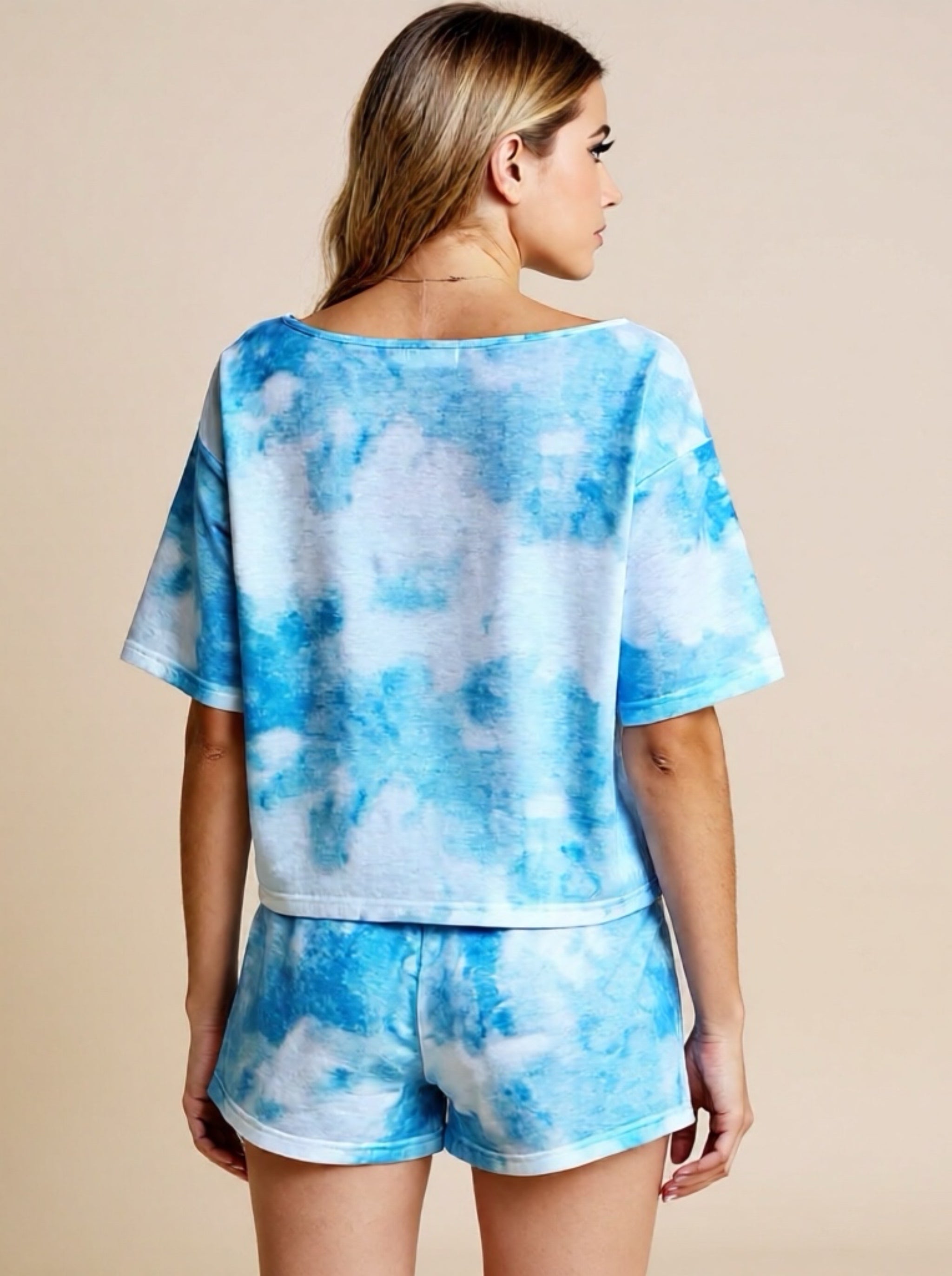 Shiny Tie-Dye Boat Neck Top & Shorts Lounge Set