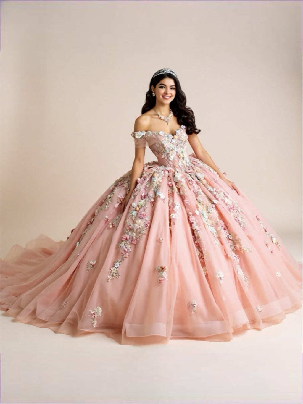 Sparkly Pink Quinceanera Ball Gown with 3D Lace Flowers