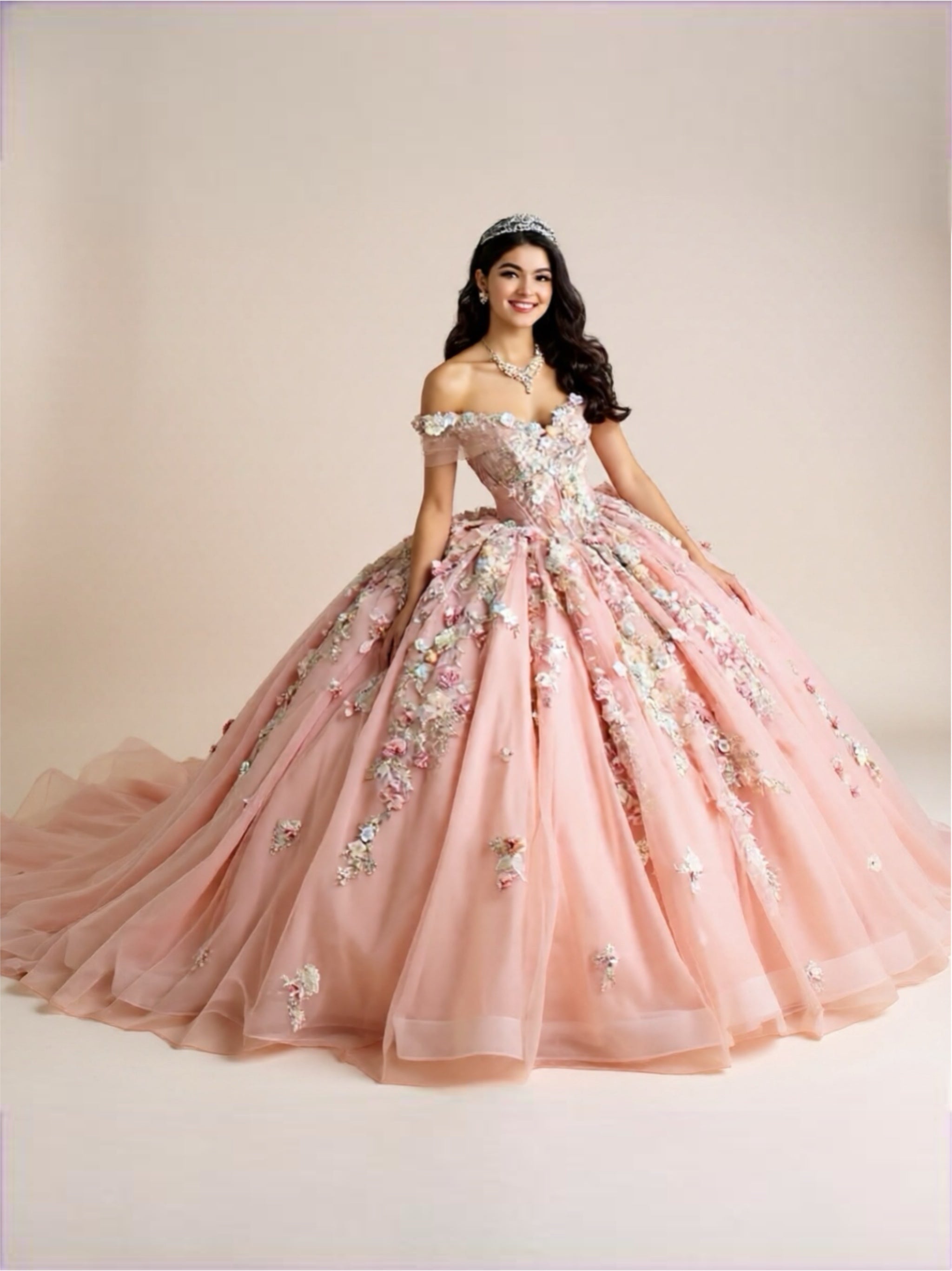 Sparkly Pink Quinceanera Ball Gown with 3D Lace Flowers