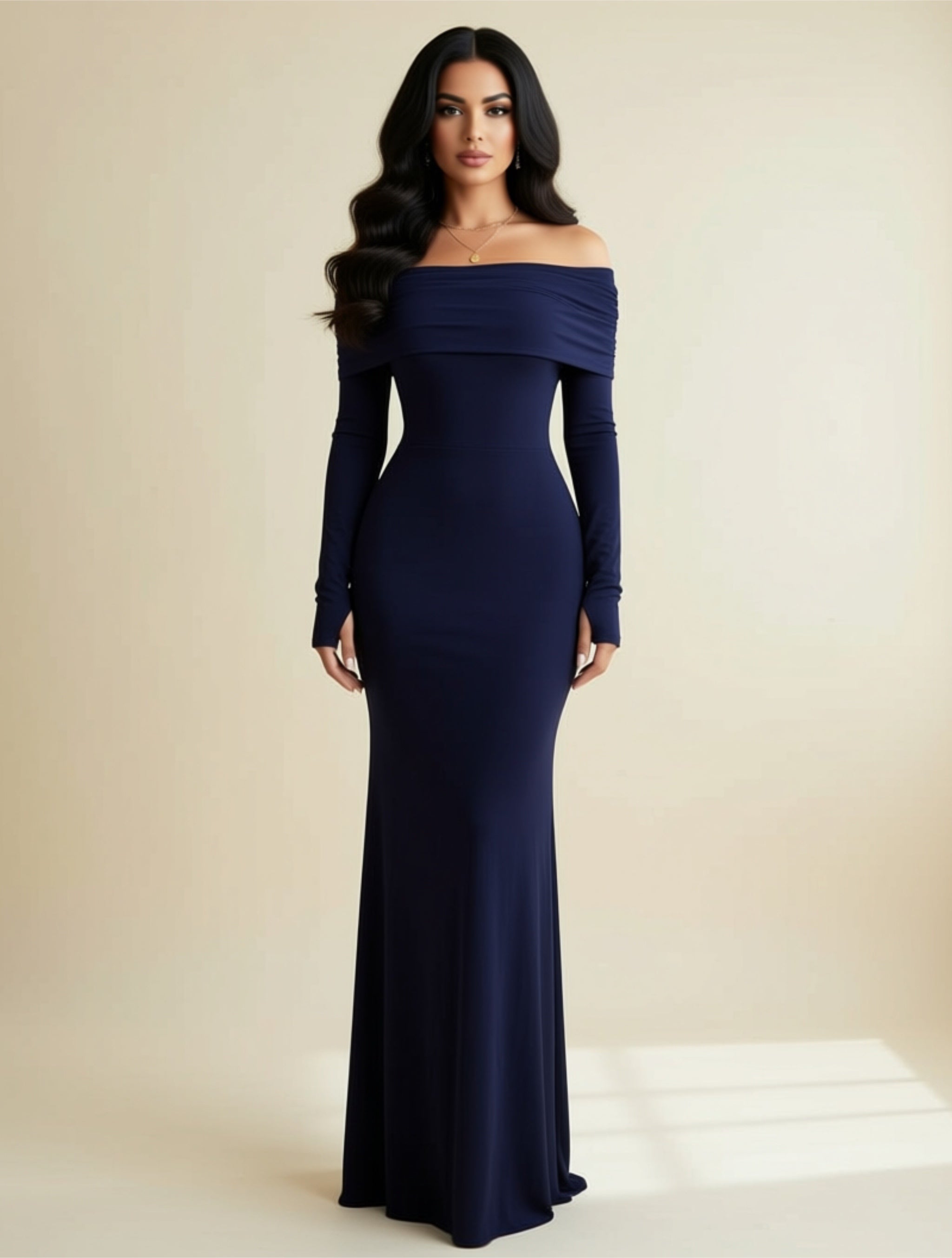 Elegant Off‑Shoulder Long Sleeve Maxi Evening Dress