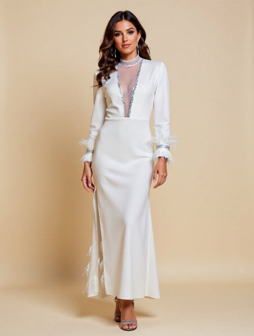 Elegant Long Sleeve High-Low Evening Dress with Deep V Neck