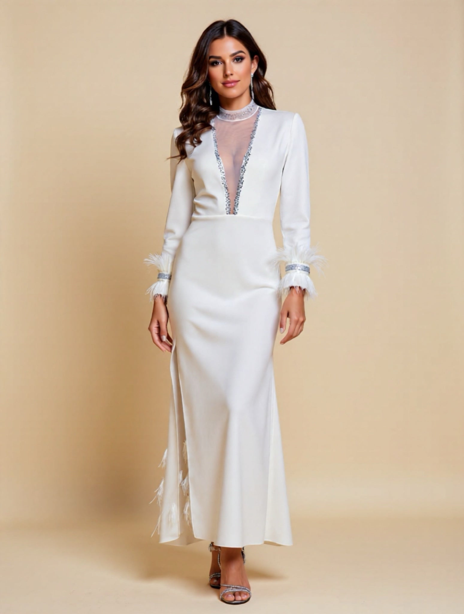 Elegant Long Sleeve High-Low Evening Dress with Deep V Neck