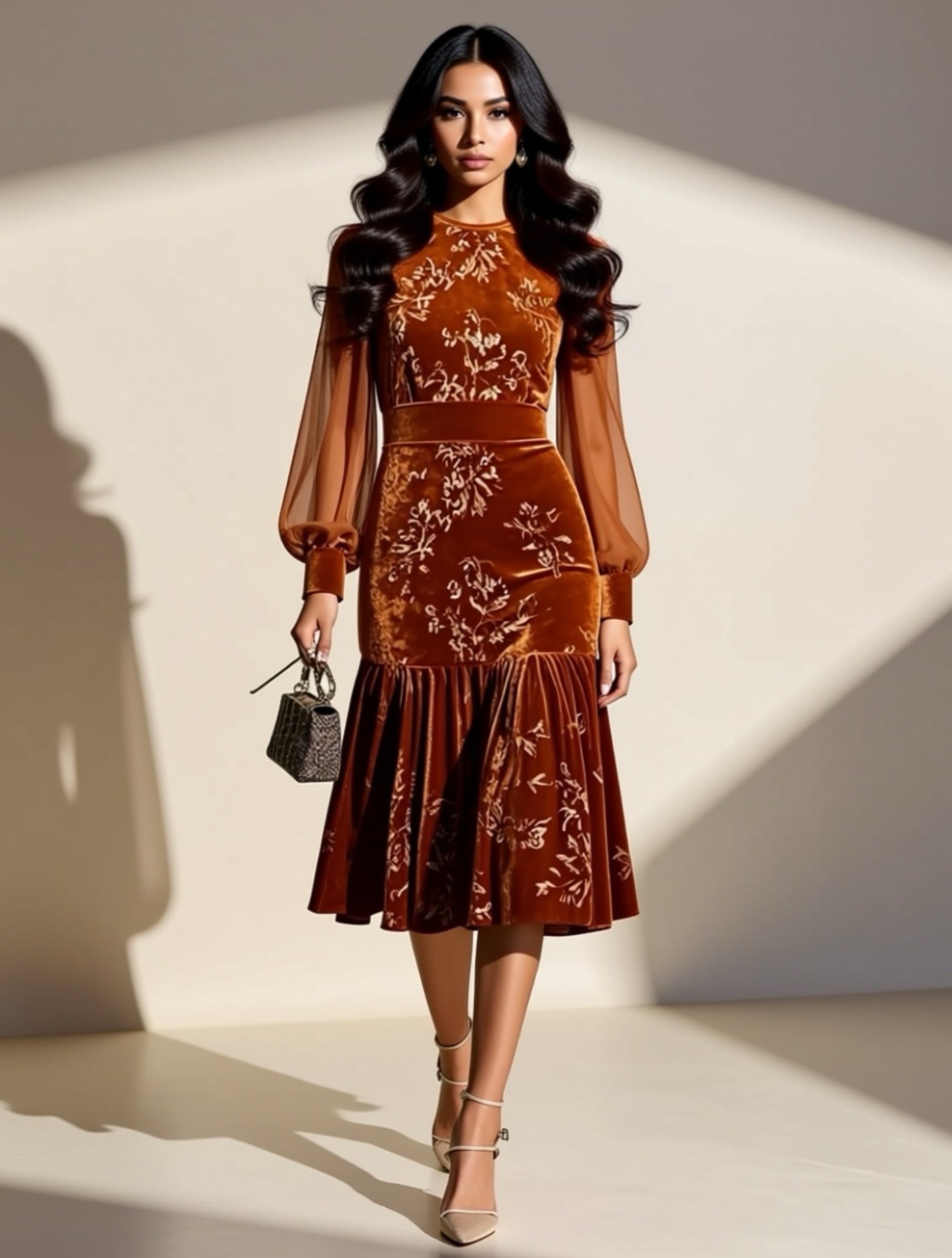 Ruched Velvet Midi Dress with Sheer Sleeves