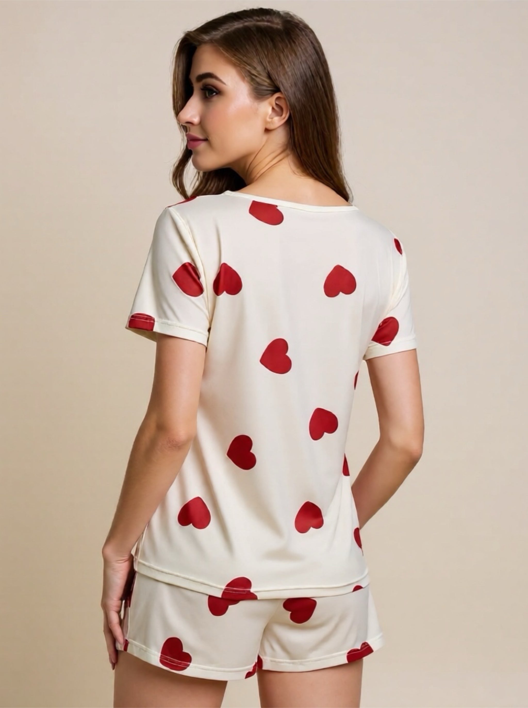 Heart Round Neck Top & Shorts Pajama Set