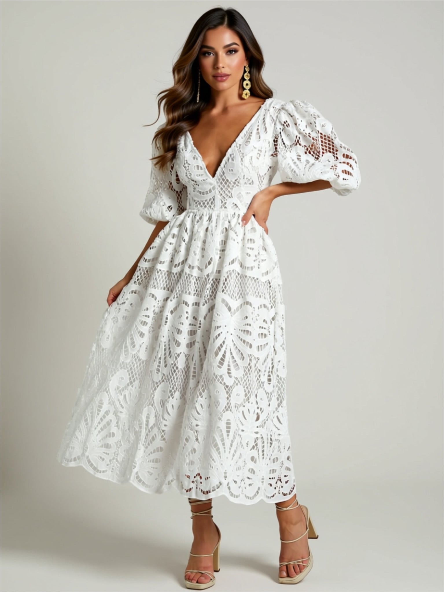 Lace Cutout Puff Sleeve Midi Dress