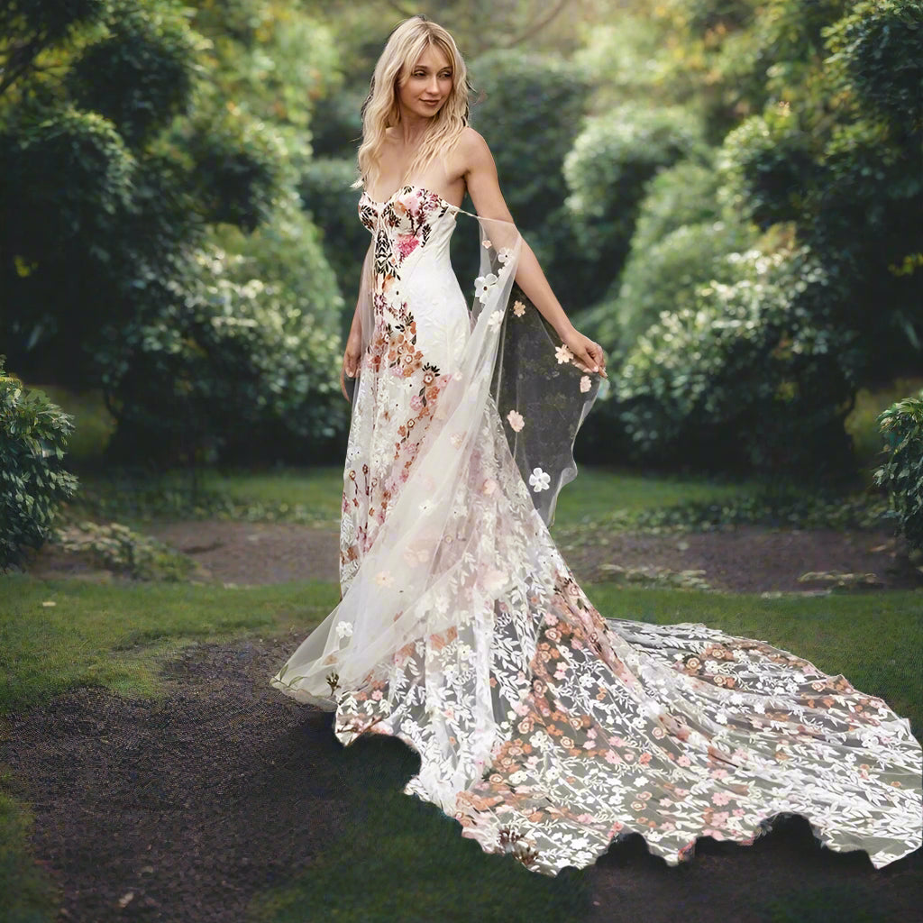 Lace Strapless Floral Wedding Dress