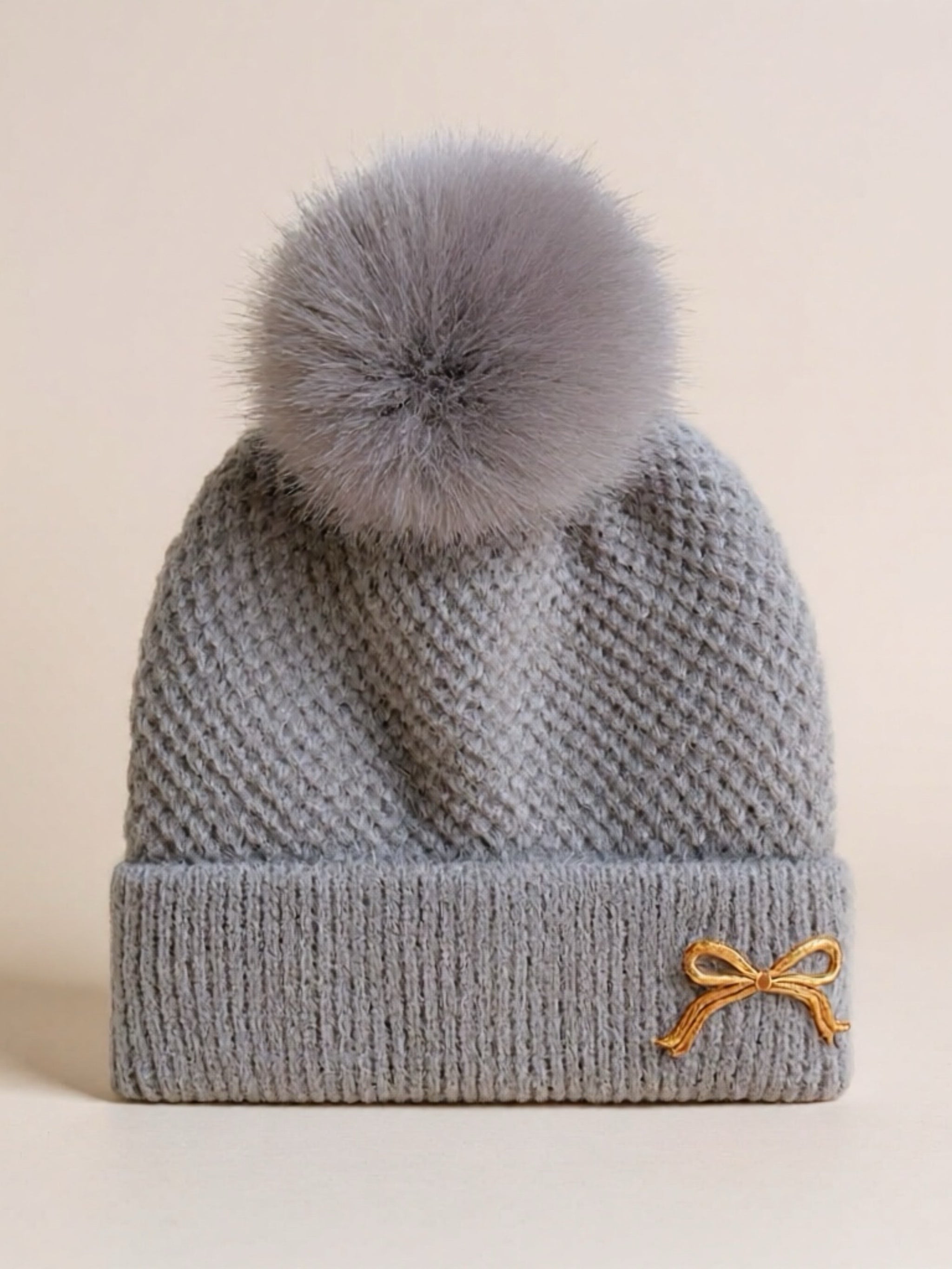 Thermal Bow Knit Beanie with Pompom