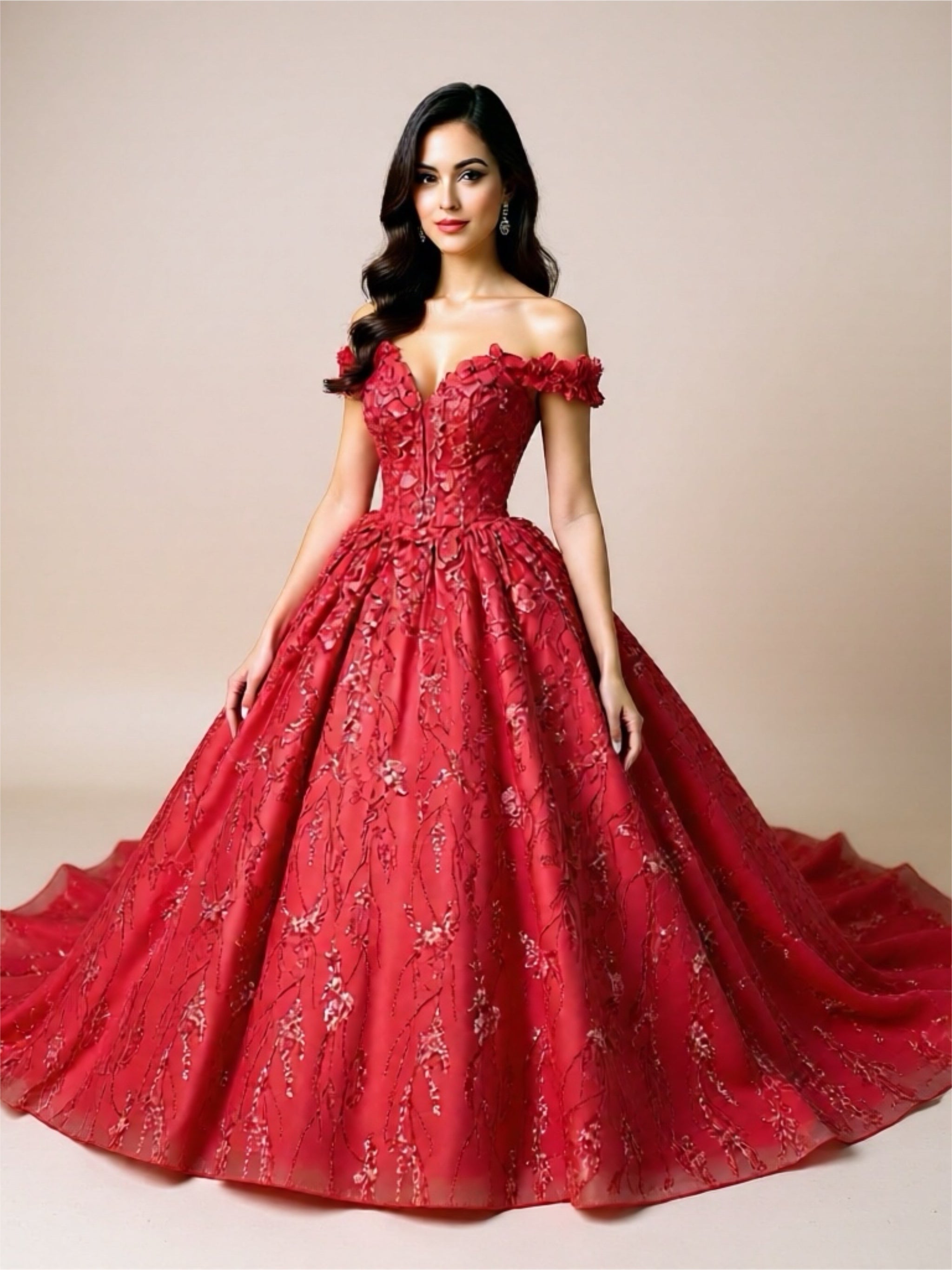 Red Floral Off The Shoulder Quinceanera Ball Gown