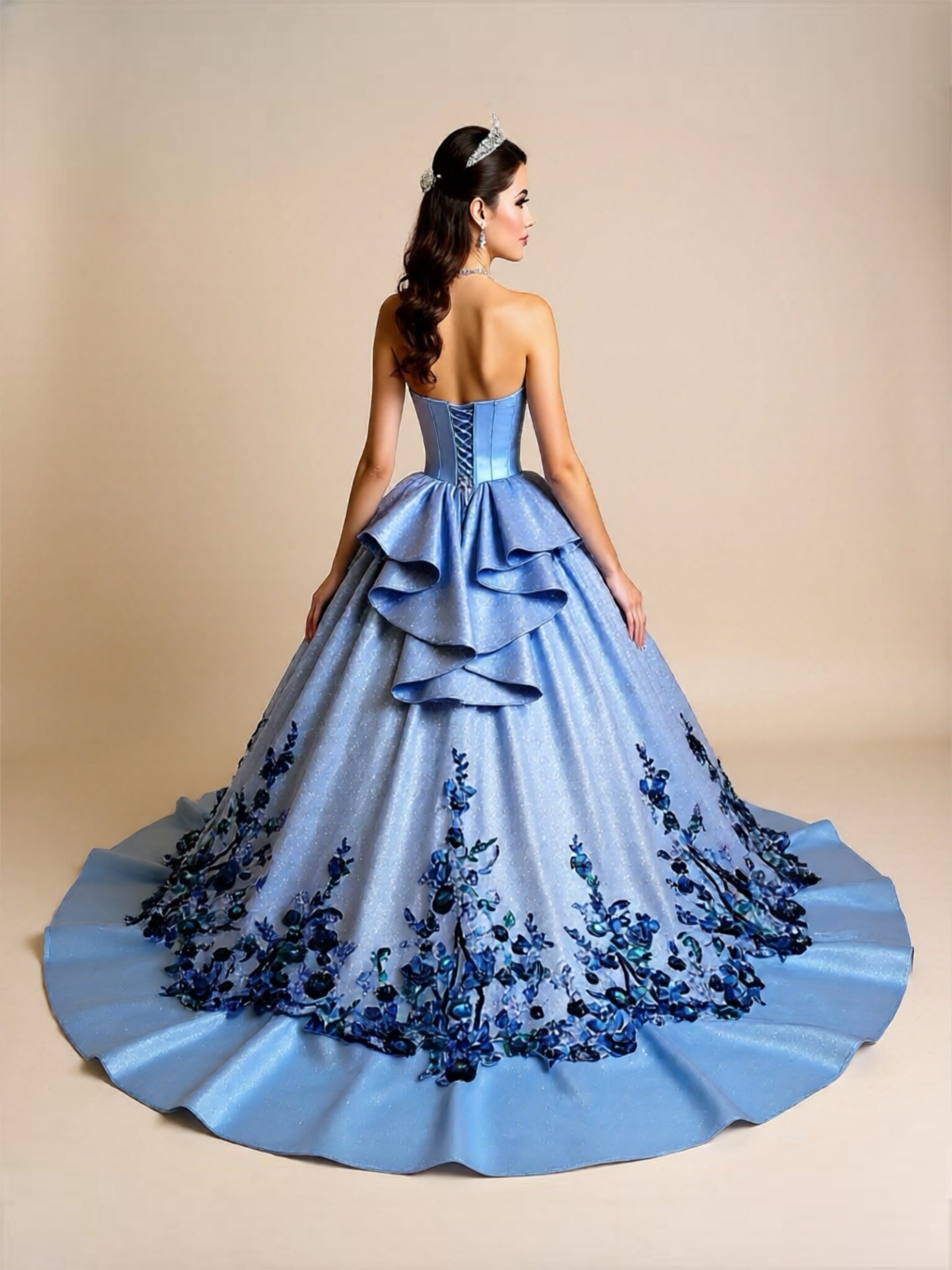 Blue Floral Quinceanera Ball Gown