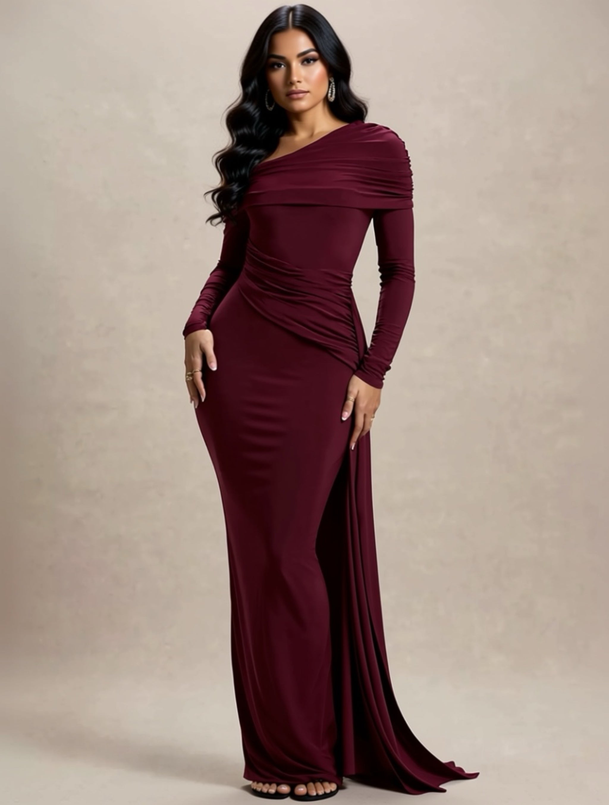 Elegant One‑Shoulder Ruched Maxi Dress with High Slit