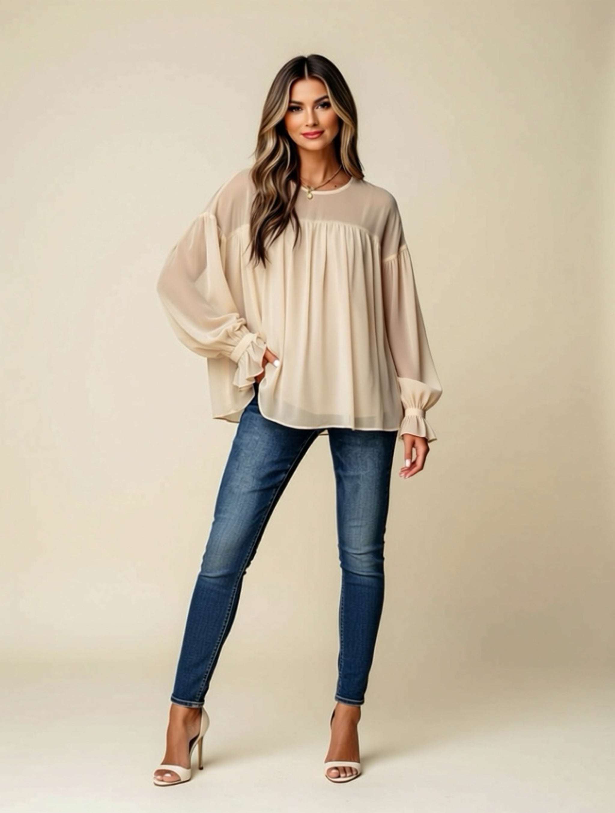 Ruffled Long Sleeve Chiffon Blouse