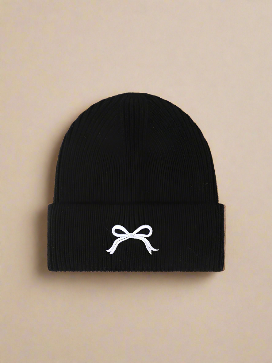 Embroidered Bow Knit Beanie