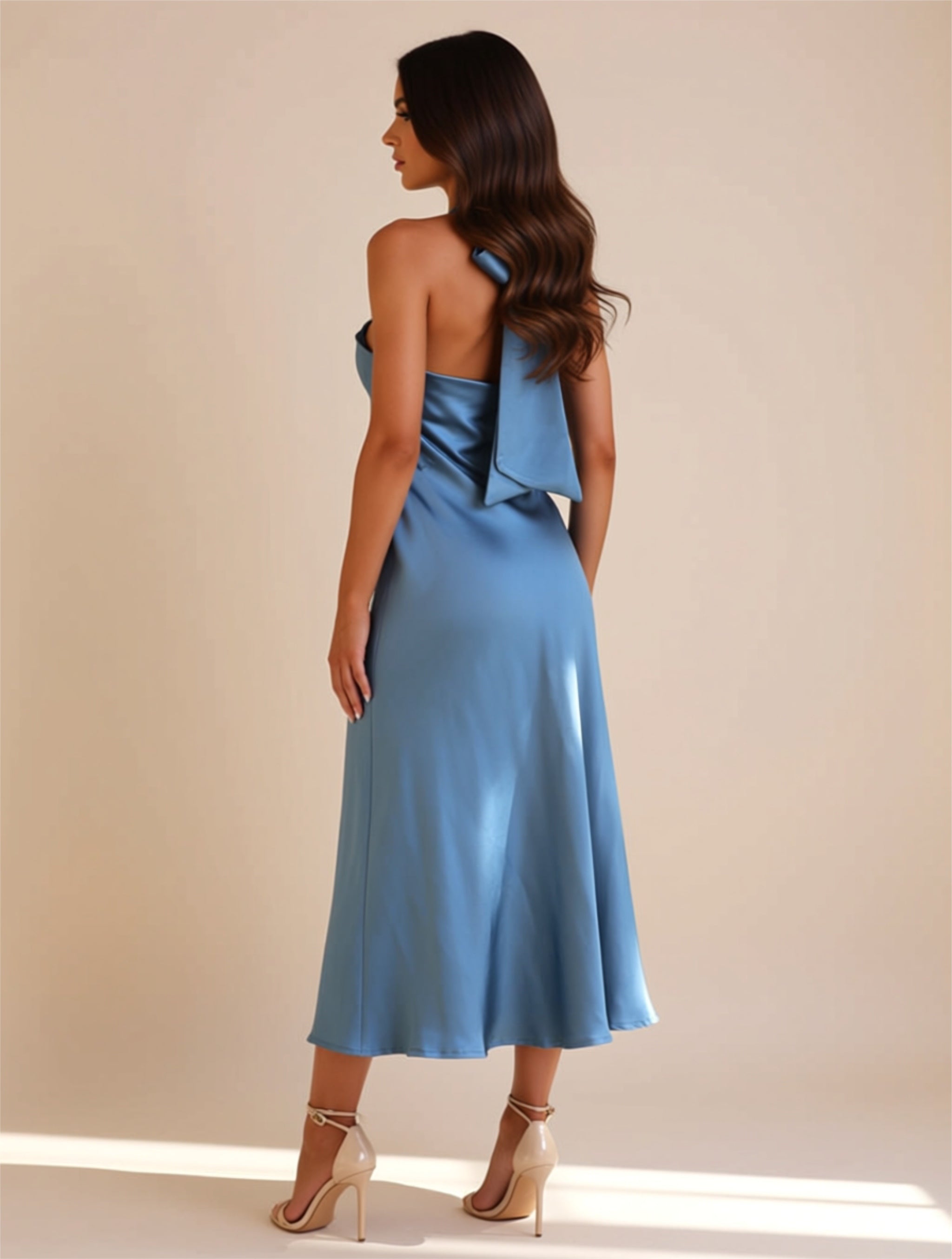 Satin Cowl Neck High‑Slit Midi Dress