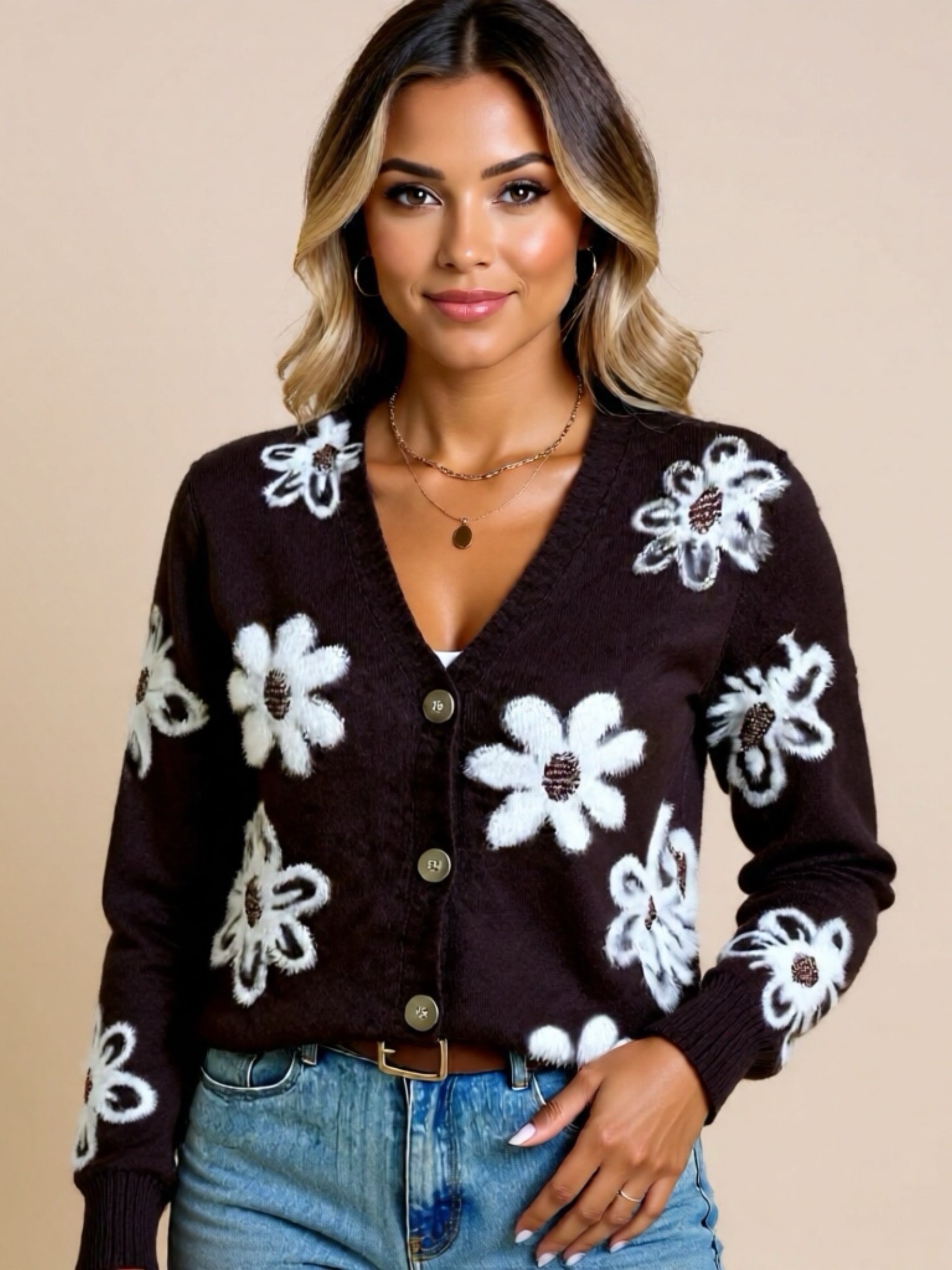 Floral Knit Button Up Cardigan