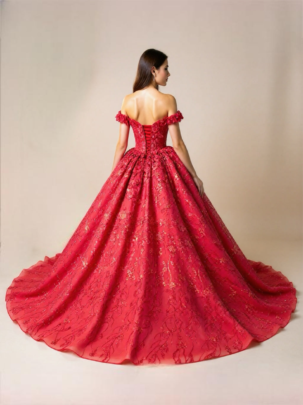 Red Floral Off The Shoulder Quinceanera Ball Gown