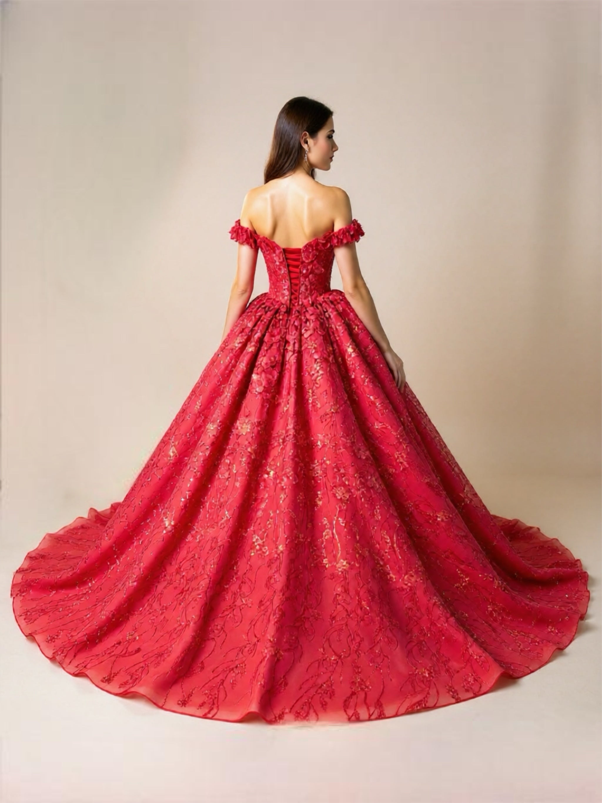 Red Floral Off The Shoulder Quinceanera Ball Gown