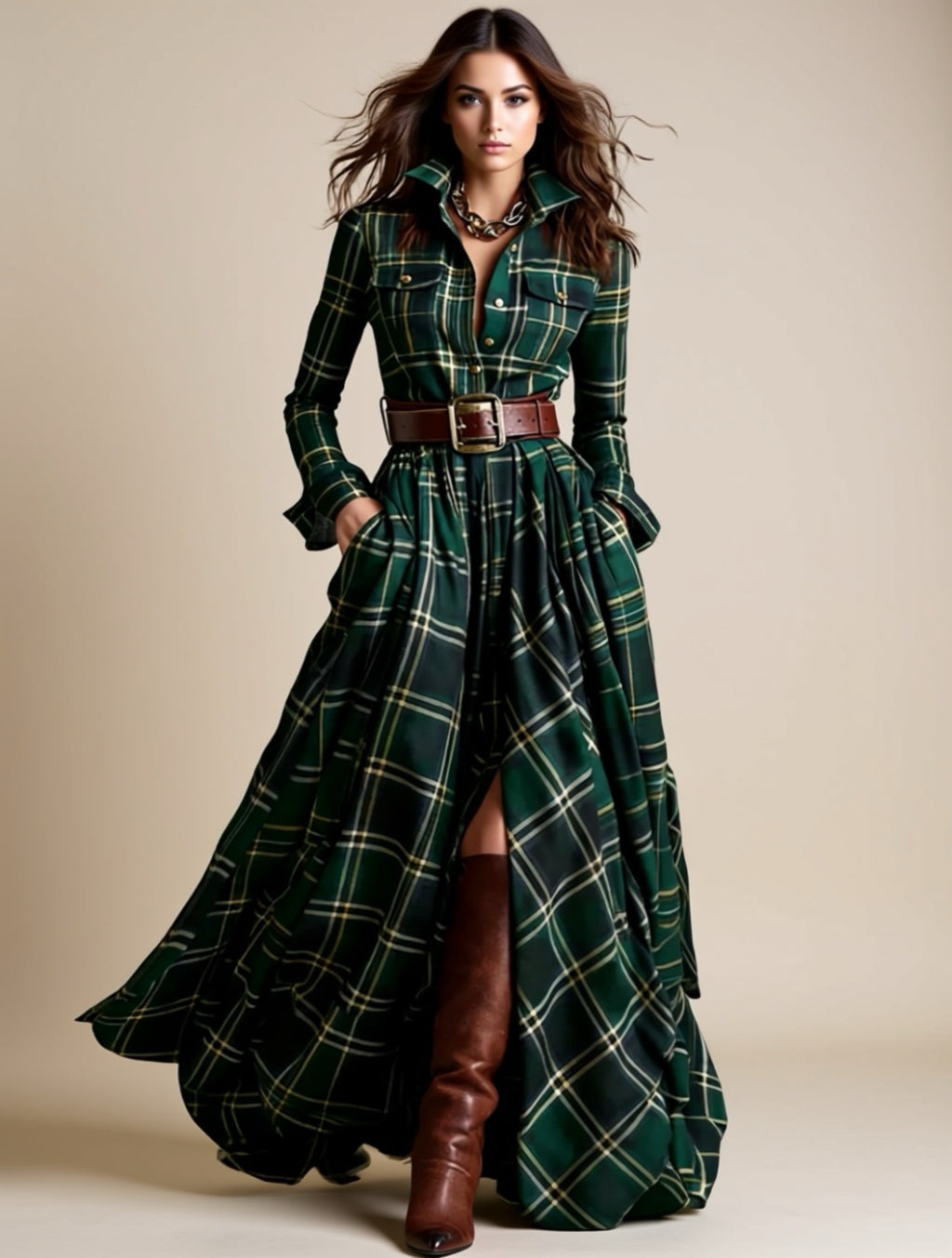 Long Sleeve Button‑Down Maxi Shirt Dress with Pockets