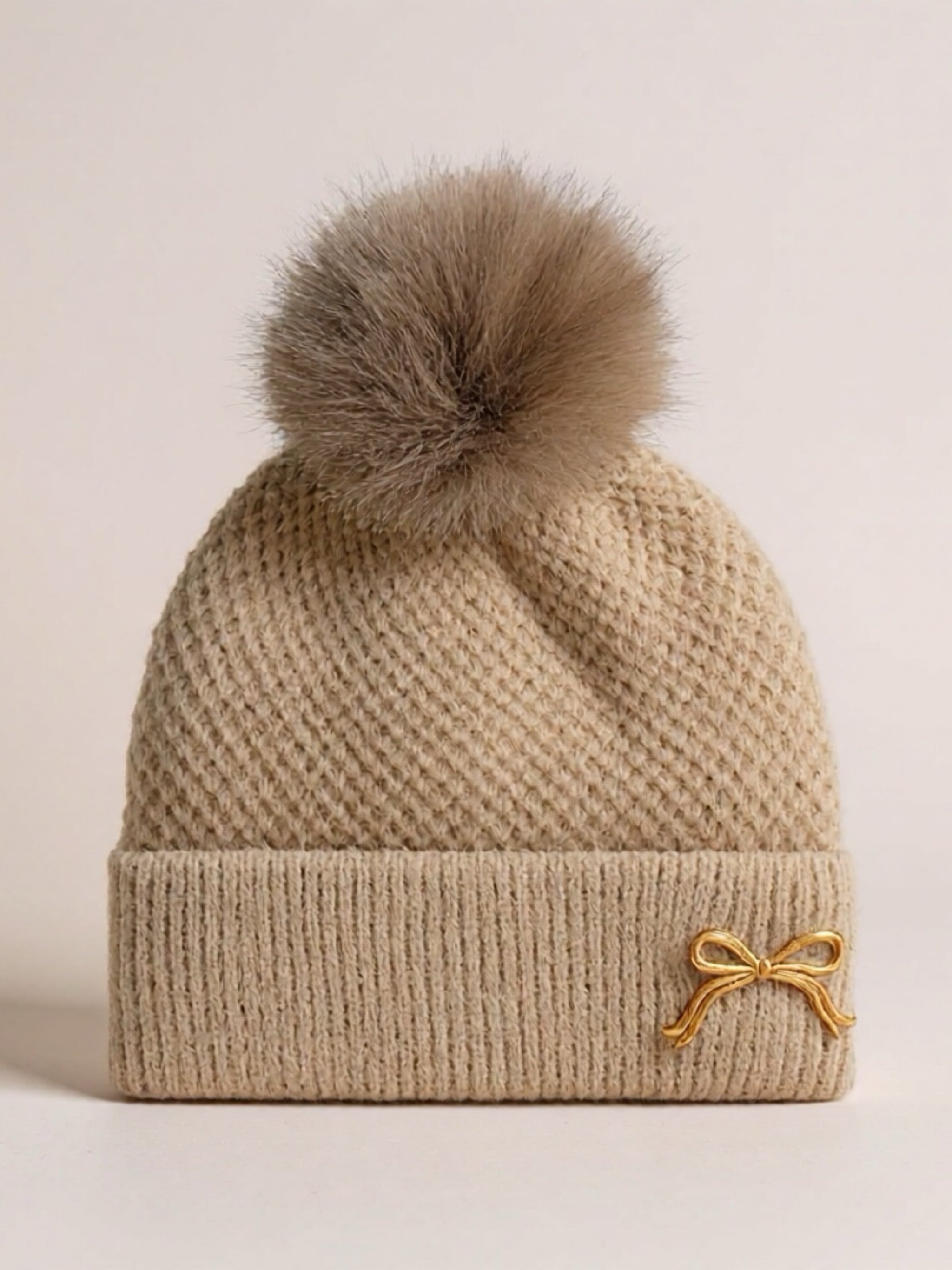 Thermal Bow Knit Beanie with Pompom