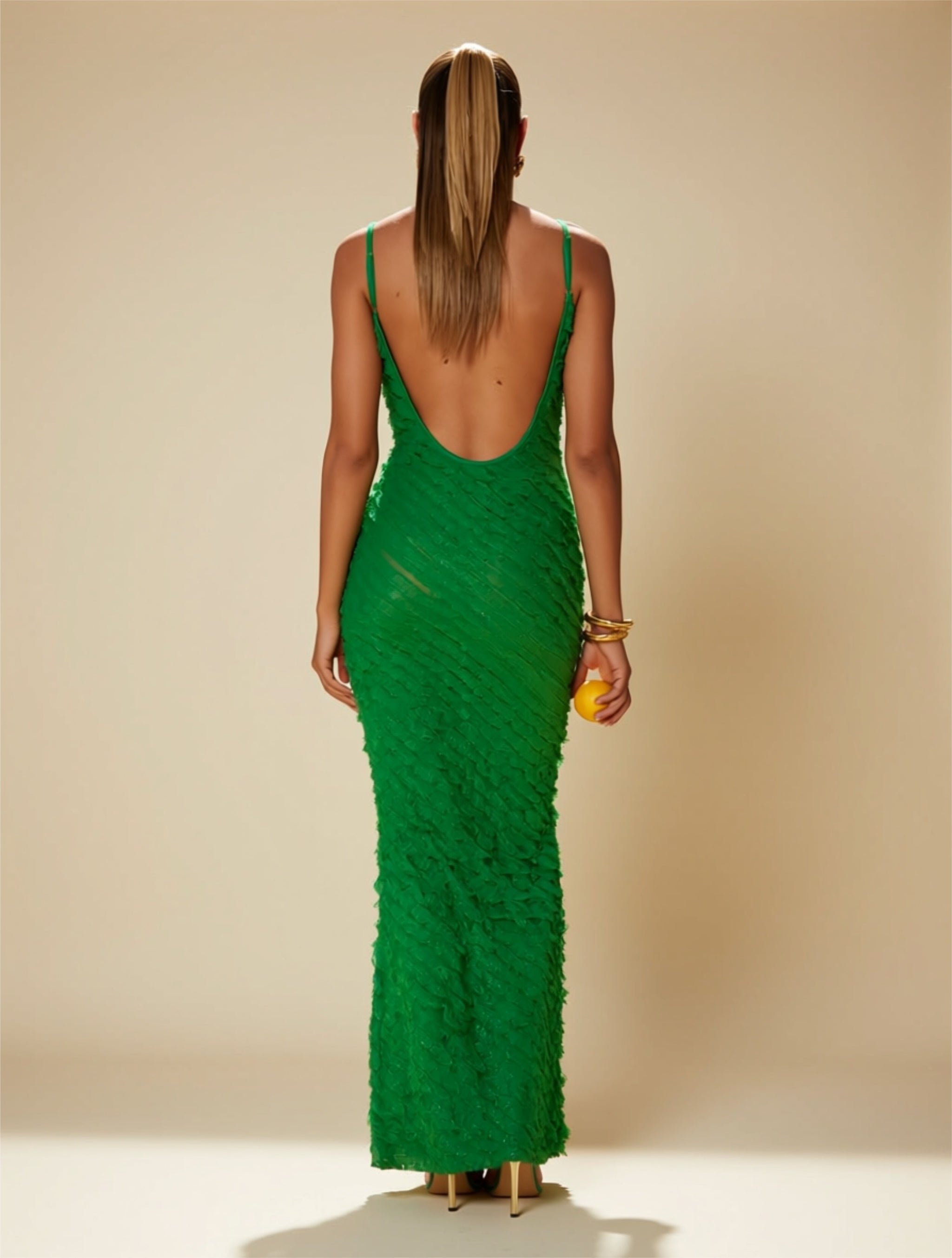 Textured V‑Neck Spaghetti Strap Maxi Dress