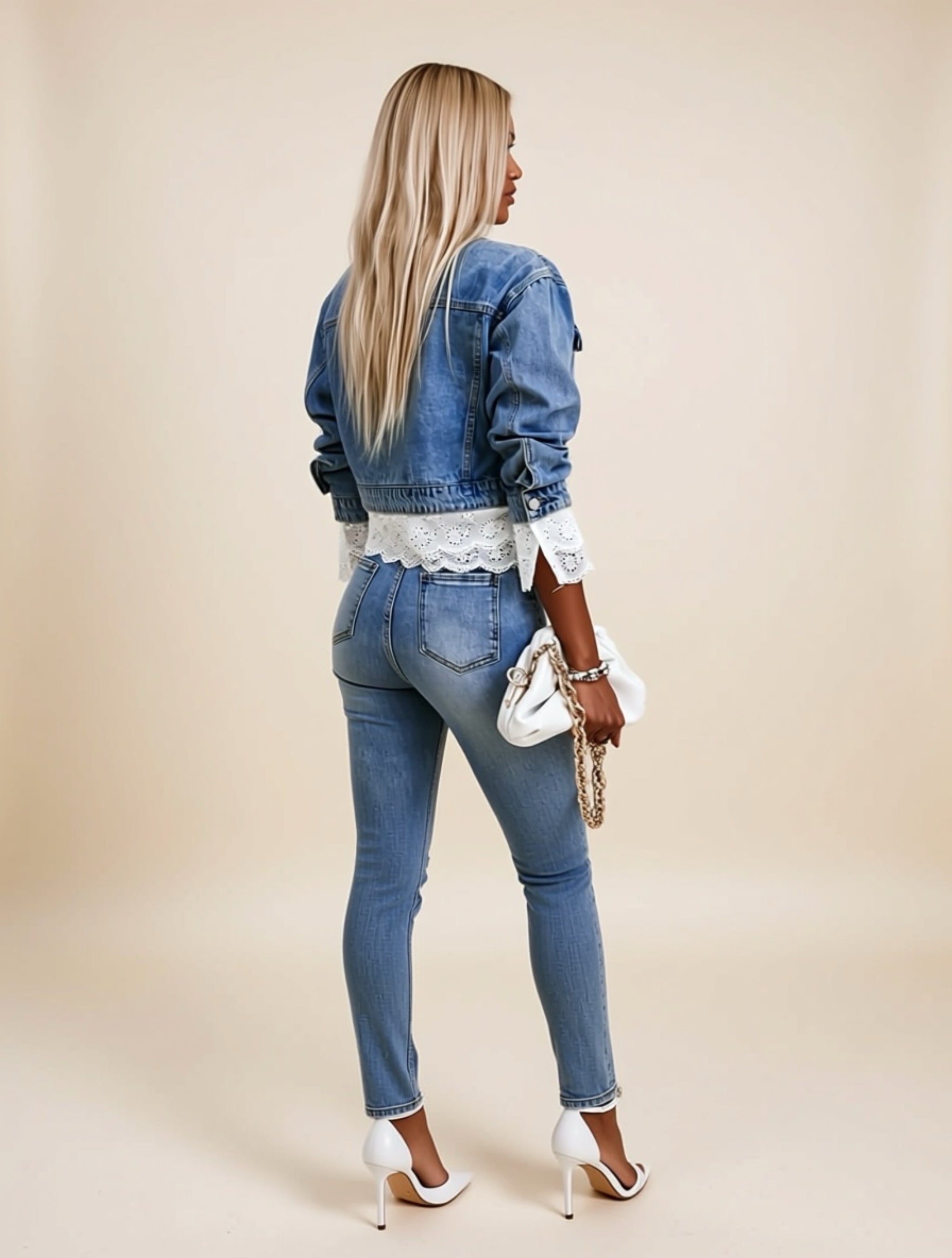 Denim Jacket with Lace Trim