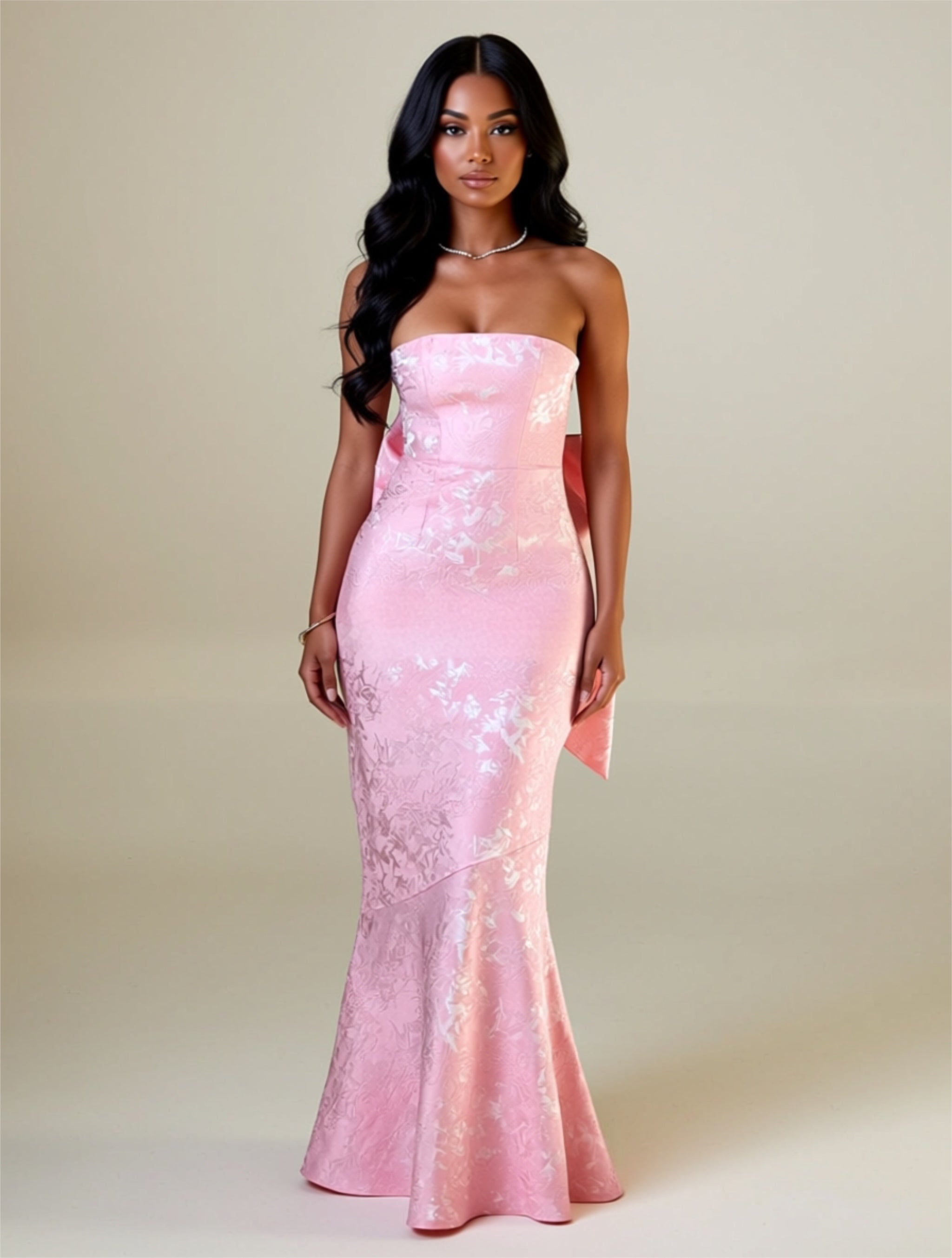 Strapless Jacquard Mermaid Evening Gown with Oversized Back Bow