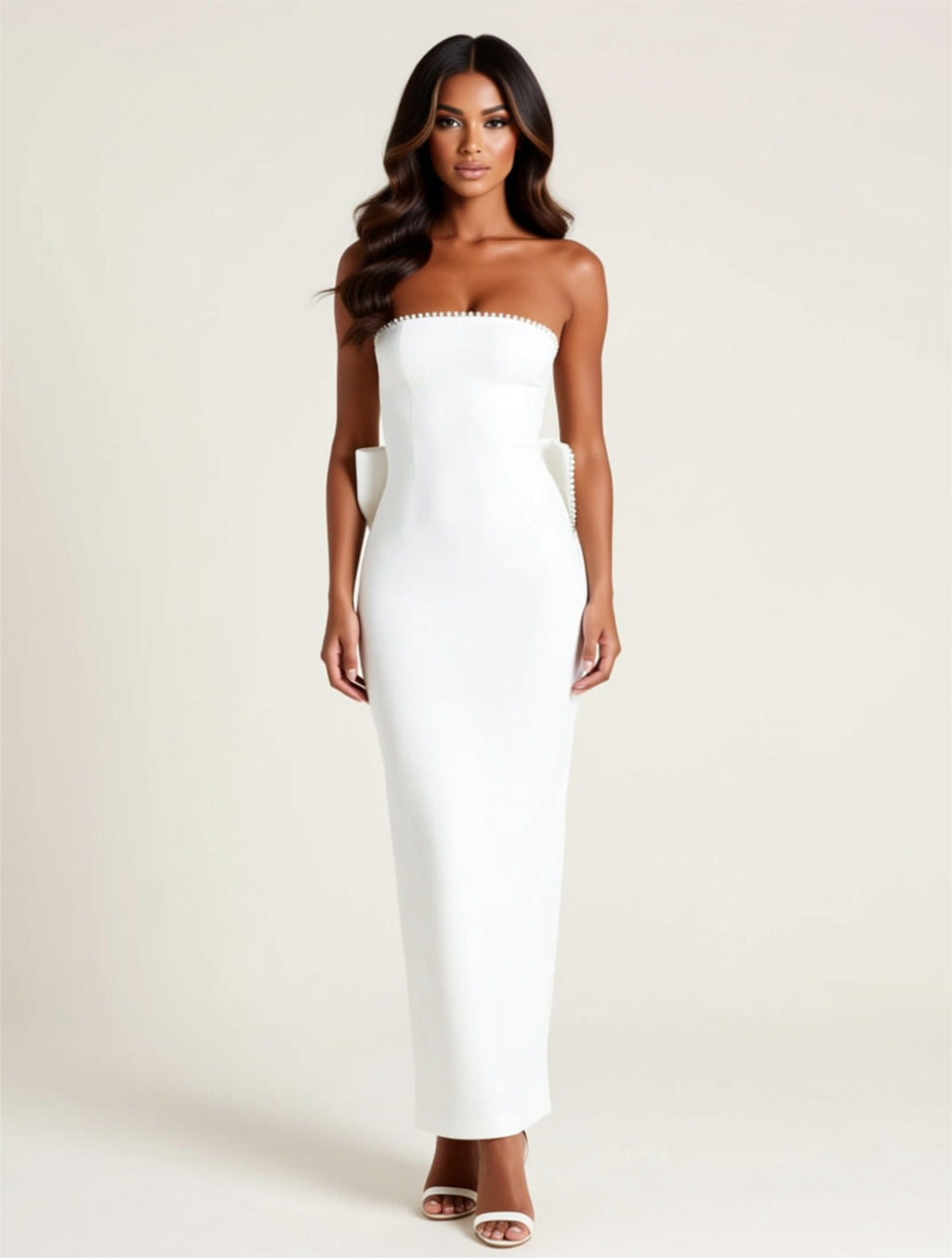 White Strapless Maxi Dress with Sculpted Bow Back