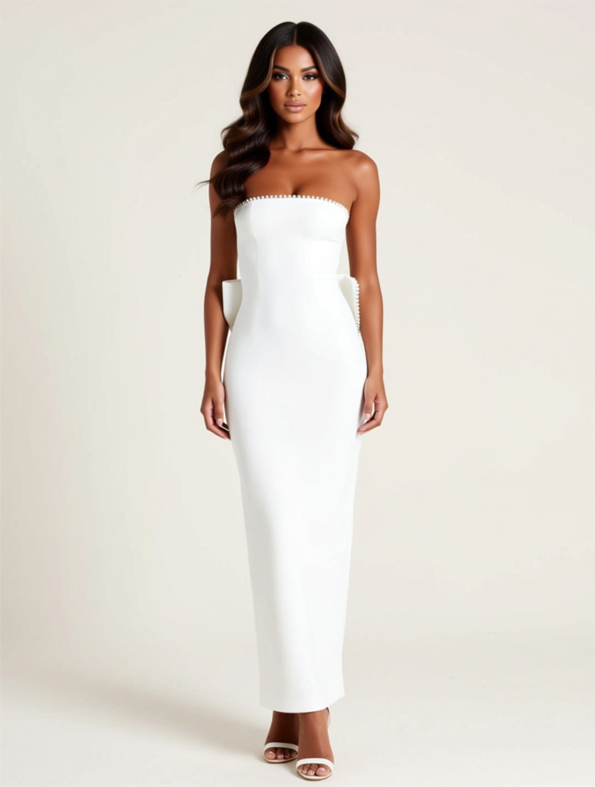 White Strapless Maxi Dress with Sculpted Bow Back