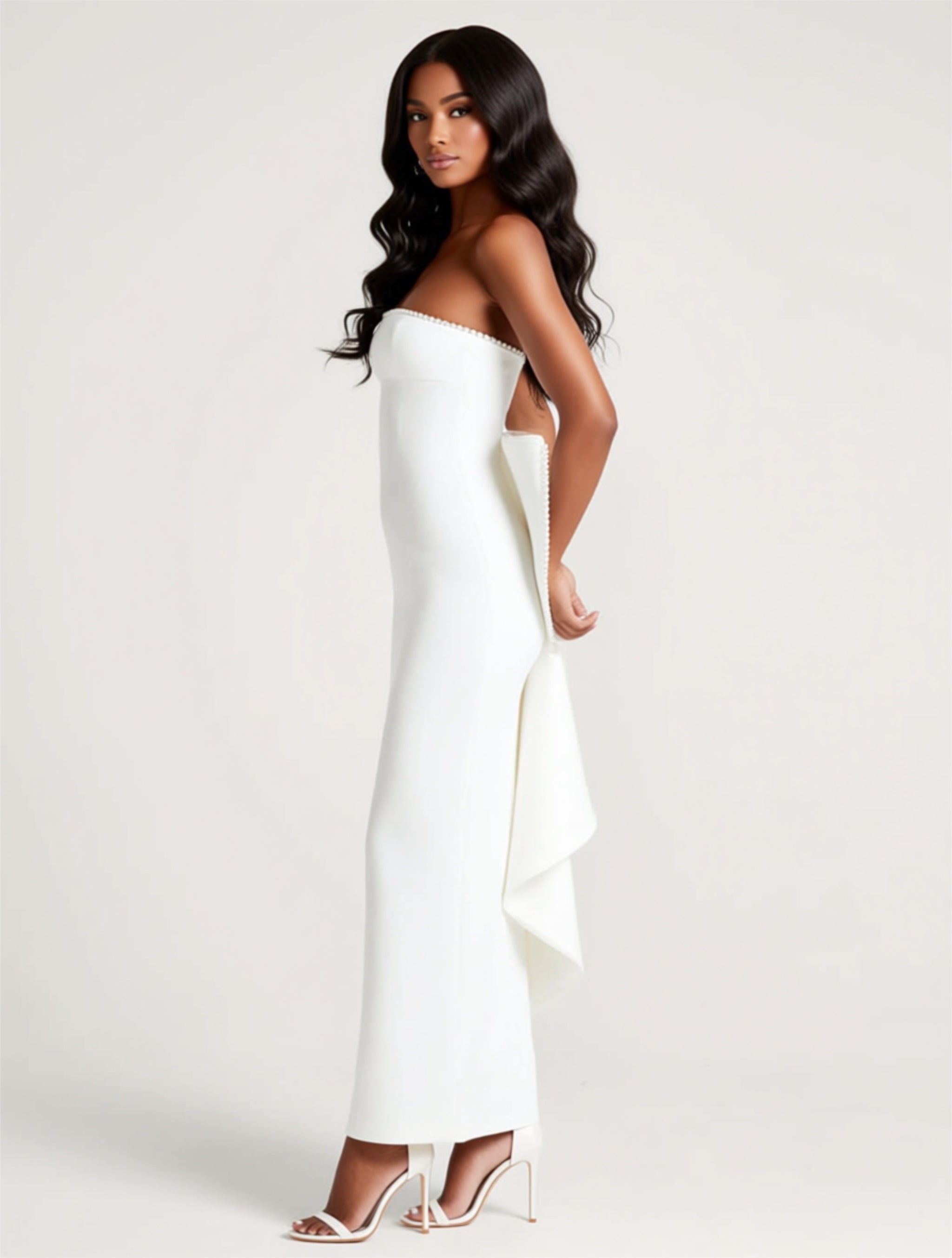 White Strapless Maxi Dress with Sculpted Bow Back