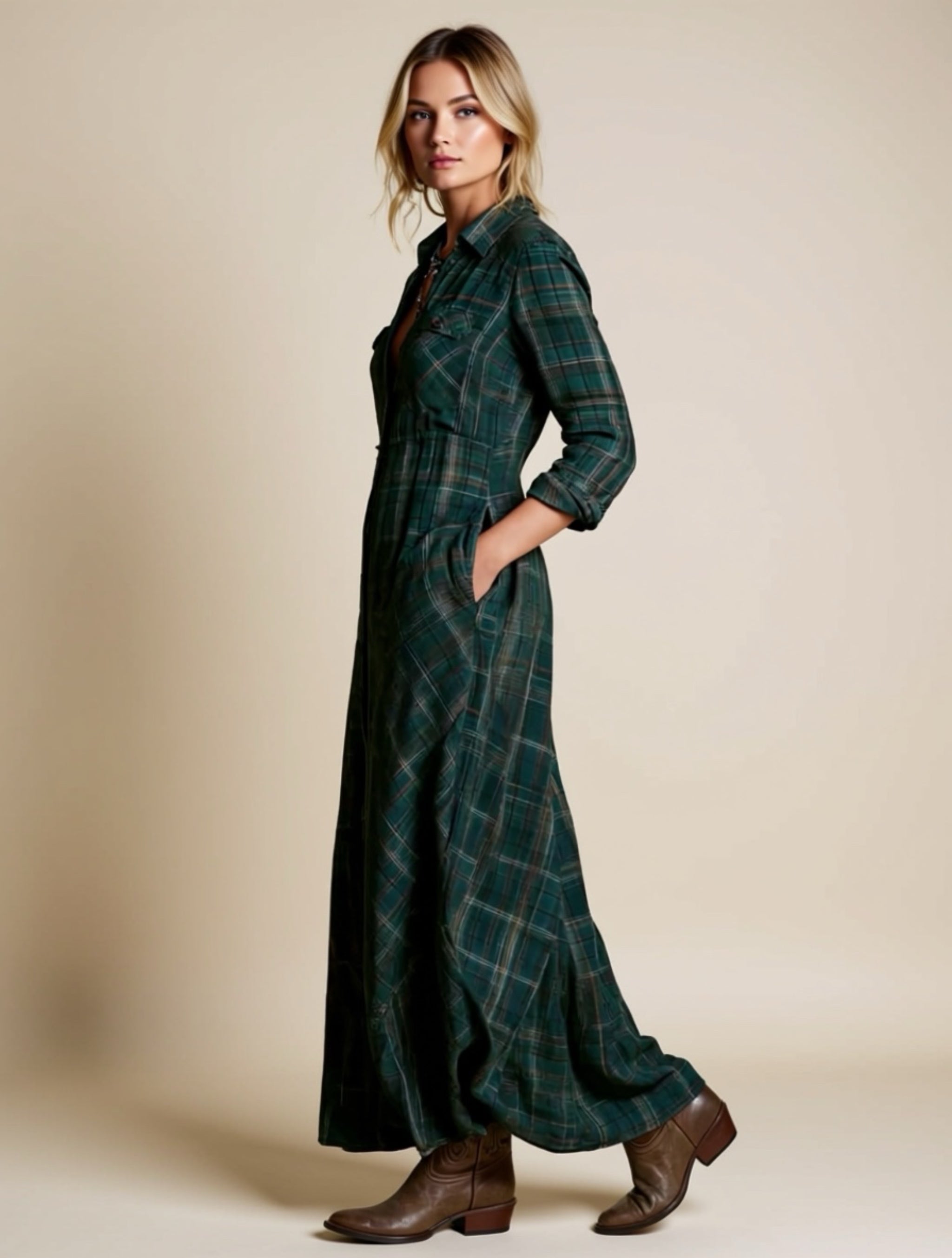 Plaid Button‑Down Maxi Shirt Dress